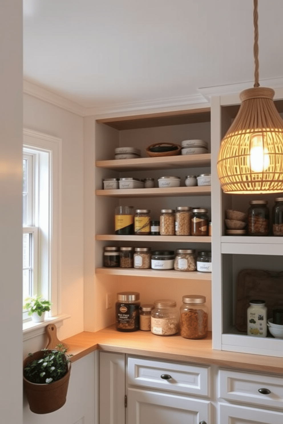 A cozy pantry illuminated by soft, warm lighting that enhances the wooden shelves stocked with neatly organized jars and containers. The light fixtures are stylish pendant lights made of woven rattan, casting a gentle glow that creates an inviting atmosphere. The pantry features a combination of open shelving and closed cabinetry, painted in a soft white to reflect light and keep the space feeling airy. A small herb garden sits on the windowsill, adding a touch of greenery and freshness to the design.