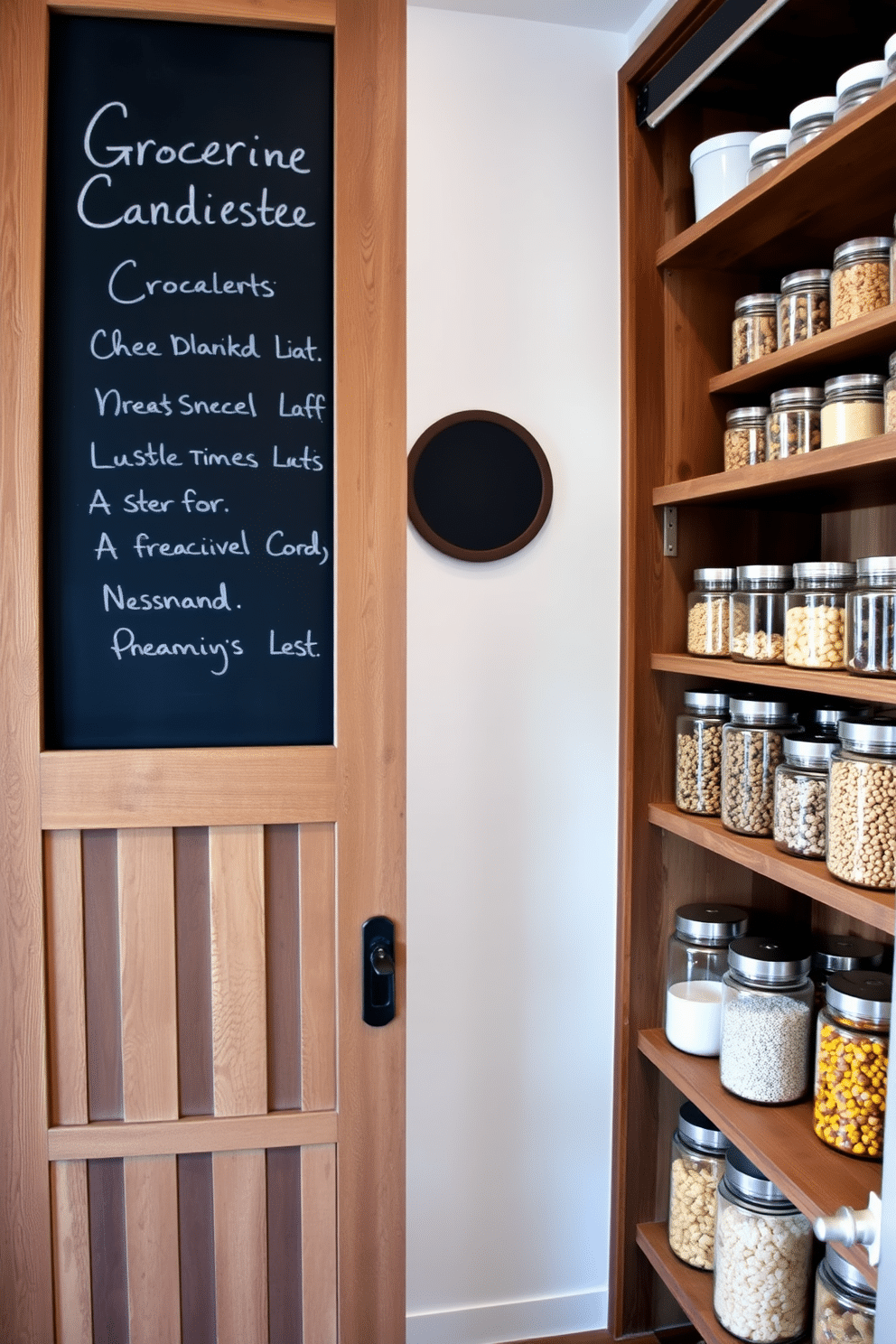 A stylish pantry featuring a large chalkboard wall designated for grocery lists, framed with rustic wood. The shelves are organized with clear glass jars filled with colorful grains and snacks, complemented by a sliding barn door that adds a farmhouse touch.