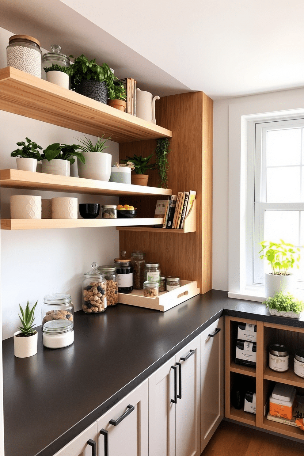 A cozy corner shelf design featuring natural wood shelves that seamlessly blend into the room's decor. The shelves are adorned with various plants, decorative jars, and a few well-placed books, creating an inviting and functional space. A modern pantry design with sleek cabinetry and pull-out shelves for easy access to stored items. The pantry is well-lit, showcasing organized containers and a small herb garden on the windowsill, enhancing both functionality and aesthetics.