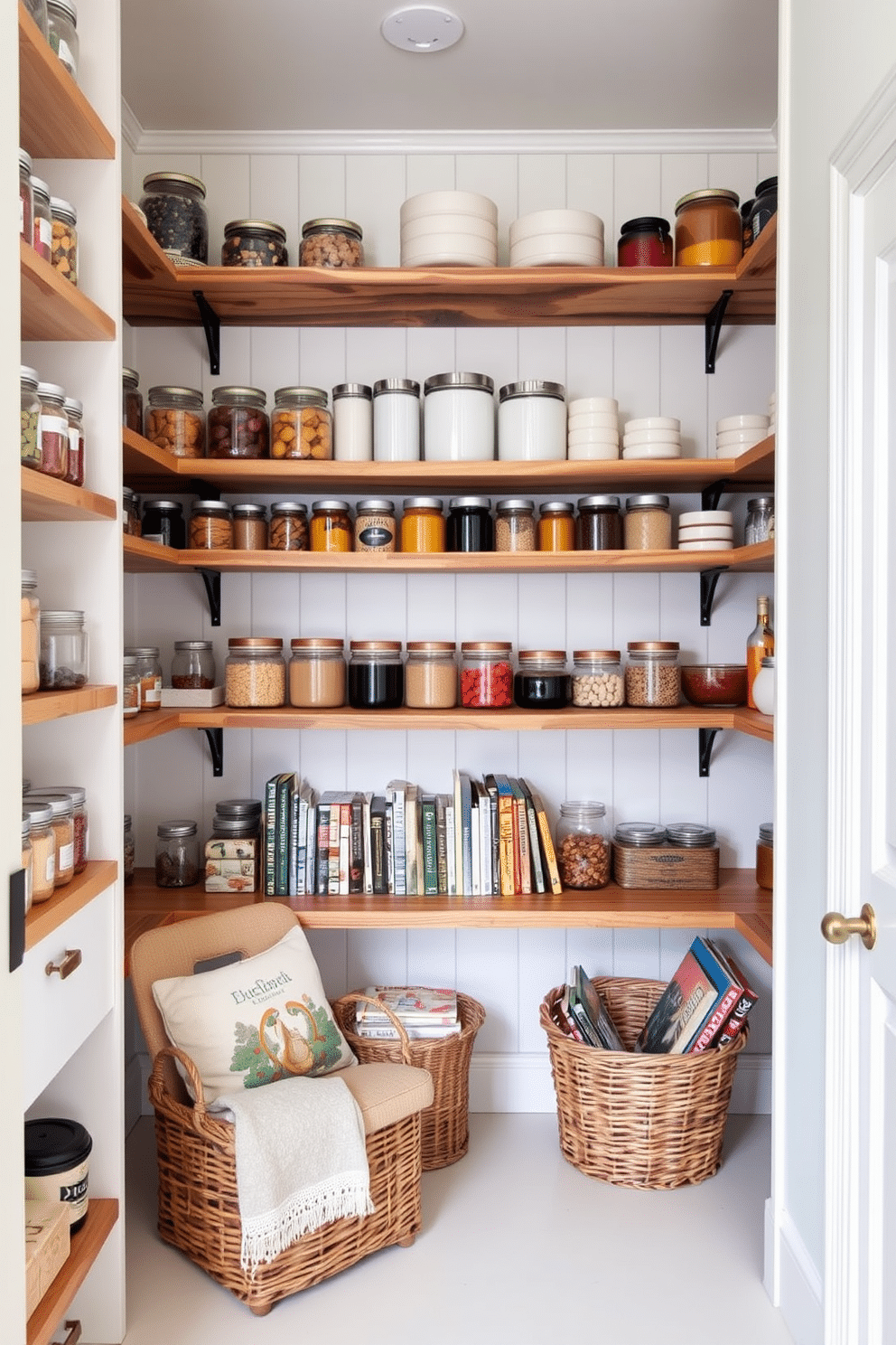 A stylish pantry featuring multi-tiered shelving that showcases a variety of jars and containers. The shelves are made of reclaimed wood, and the backdrop is painted a soft white to enhance the brightness of the space. Incorporate a mix of open and closed storage solutions to create visual interest and practicality. A cozy reading nook with a small chair and a basket for cookbooks is nestled in one corner, adding warmth to the design.