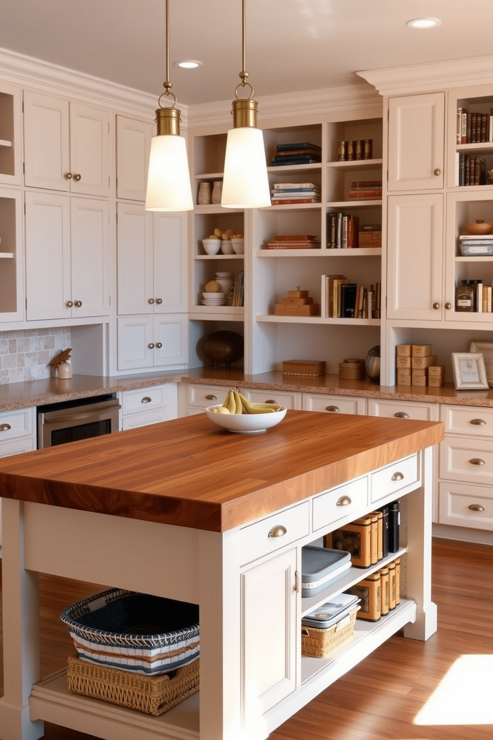 A spacious pantry island featuring a large butcher block countertop provides ample workspace for meal prep and organization. Surrounding the island, custom cabinetry in a soft white finish offers plenty of storage, while open shelving displays decorative jars and cookbooks. The walls are painted in a warm, inviting hue, complementing the natural wood accents throughout the space. Bright pendant lights hang above the island, adding both functionality and a touch of elegance to the overall design.