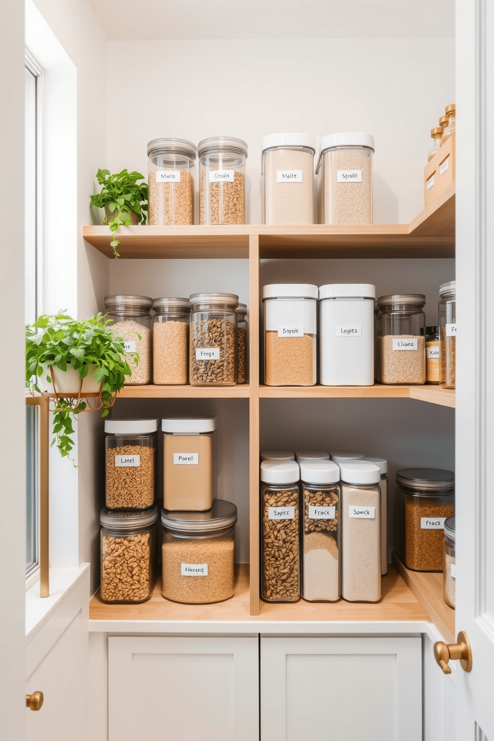 A modern pantry design featuring clear containers for pantry staples, arranged neatly on open shelves. The walls are painted in a soft white, creating a bright and airy atmosphere, while natural wood accents add warmth to the space. The clear containers are labeled for easy identification, showcasing a variety of grains, nuts, and spices. A small herb garden sits on the windowsill, bringing a touch of greenery and freshness to the organized pantry.