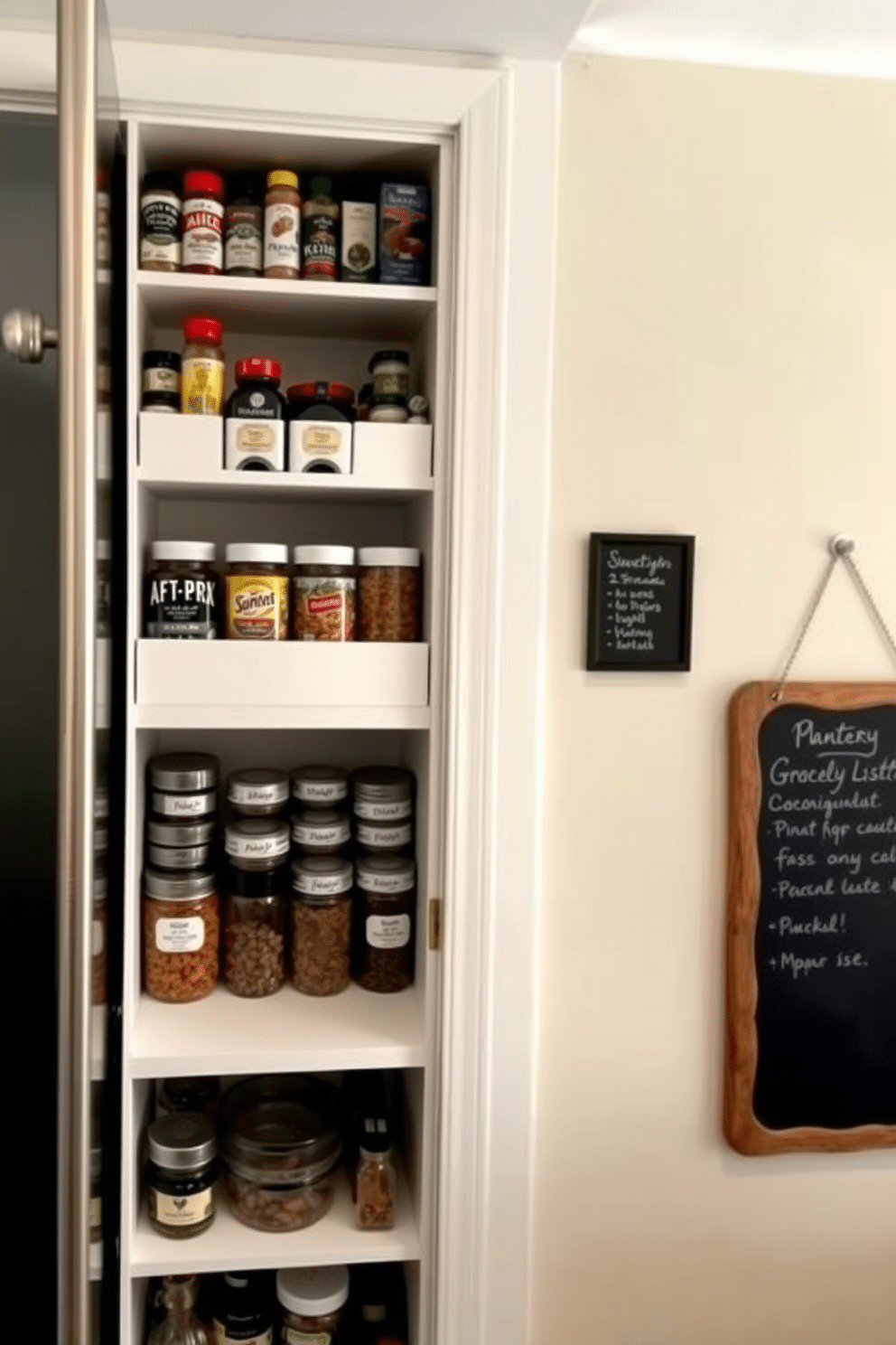 A well-organized pantry features custom shelving installed on the back of the door, maximizing storage space for spices and small jars. The main area includes open shelves filled with neatly labeled containers, while a small chalkboard hangs for grocery lists and meal planning.