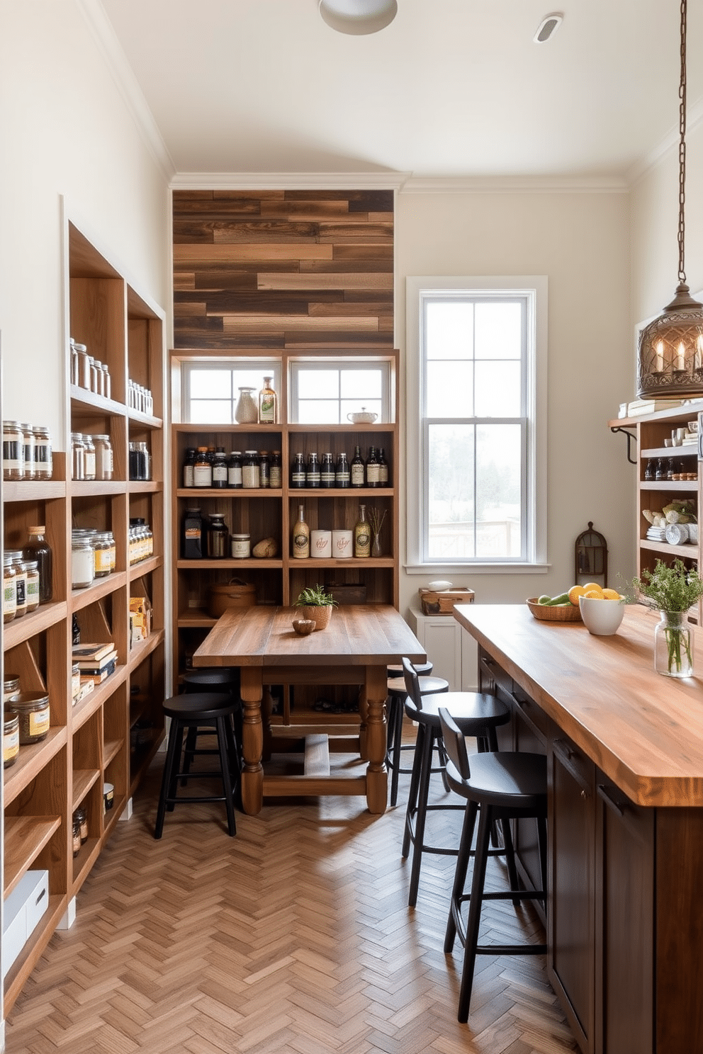 A spacious pantry with open shelving made of reclaimed wood, showcasing neatly organized jars of spices and dry goods. The walls are painted a soft cream color, and a large window allows natural light to flood the space, illuminating a rustic farmhouse table in the center. Incorporated into the design is a stylish island with a butcher block countertop, surrounded by high stools for casual dining. The floor is covered in a herringbone-patterned tile, adding texture, while a decorative pendant light hangs above the island, enhancing the inviting atmosphere.