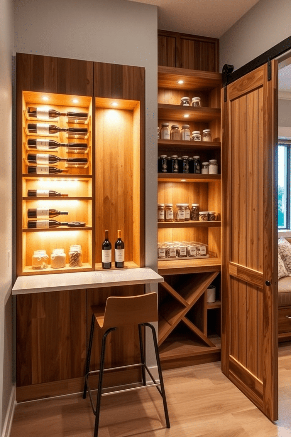 A stylish integrated wine storage solution featuring a sleek wooden wine rack built into the wall, illuminated by soft LED lights that highlight the bottles. The design includes a small tasting area with a polished countertop and two elegant bar stools, creating a perfect spot for entertaining guests. A modern pantry design with open shelving made of reclaimed wood, showcasing neatly organized jars and containers for easy access. The space is enhanced by a sliding barn door and a cozy window nook with cushions, providing a functional and inviting atmosphere for meal prep and storage.