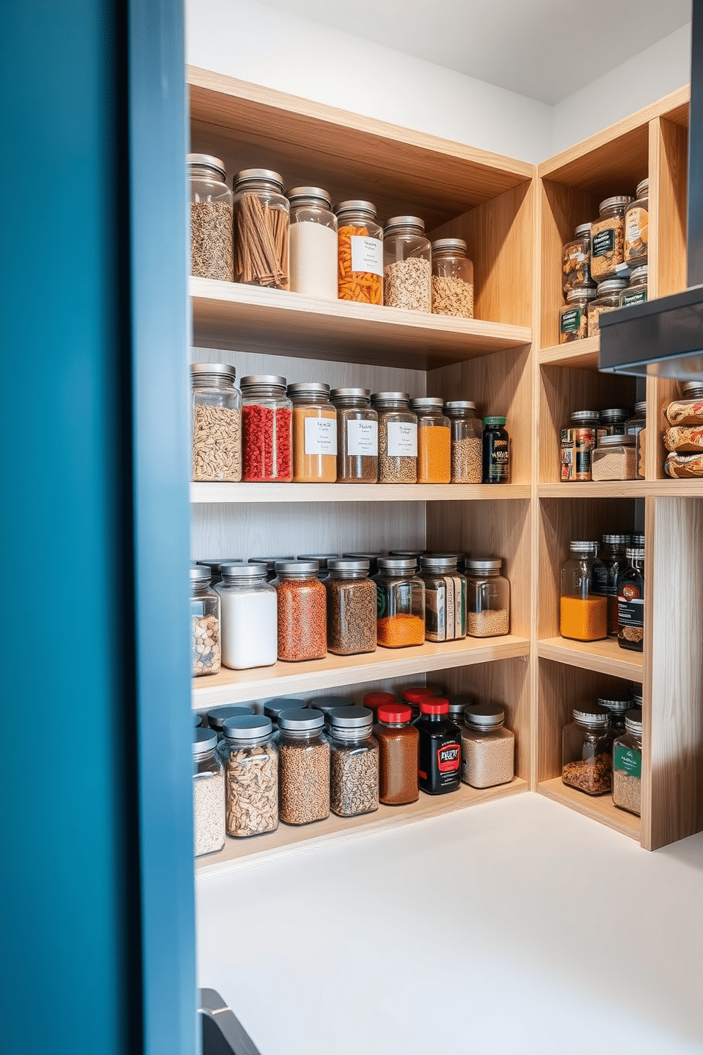 A modern pantry design featuring glass jars for storage visibility. The jars are neatly arranged on open wooden shelves, showcasing colorful ingredients and spices, while a sleek countertop provides space for meal prep.