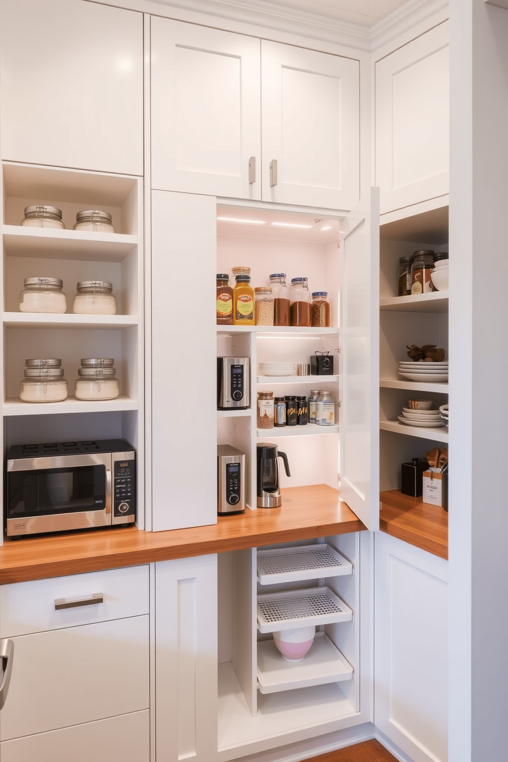 A sleek and functional pantry design featuring small appliances neatly tucked away behind custom cabinetry. The cabinetry is painted a soft white, and the countertop is a warm wood finish, providing a cozy yet modern feel. Inside the pantry, pull-out shelves store appliances like a toaster and coffee maker, allowing for easy access while maintaining a clutter-free appearance. A subtle LED strip light illuminates the space, highlighting the organized shelves filled with jars and neatly arranged kitchen supplies.