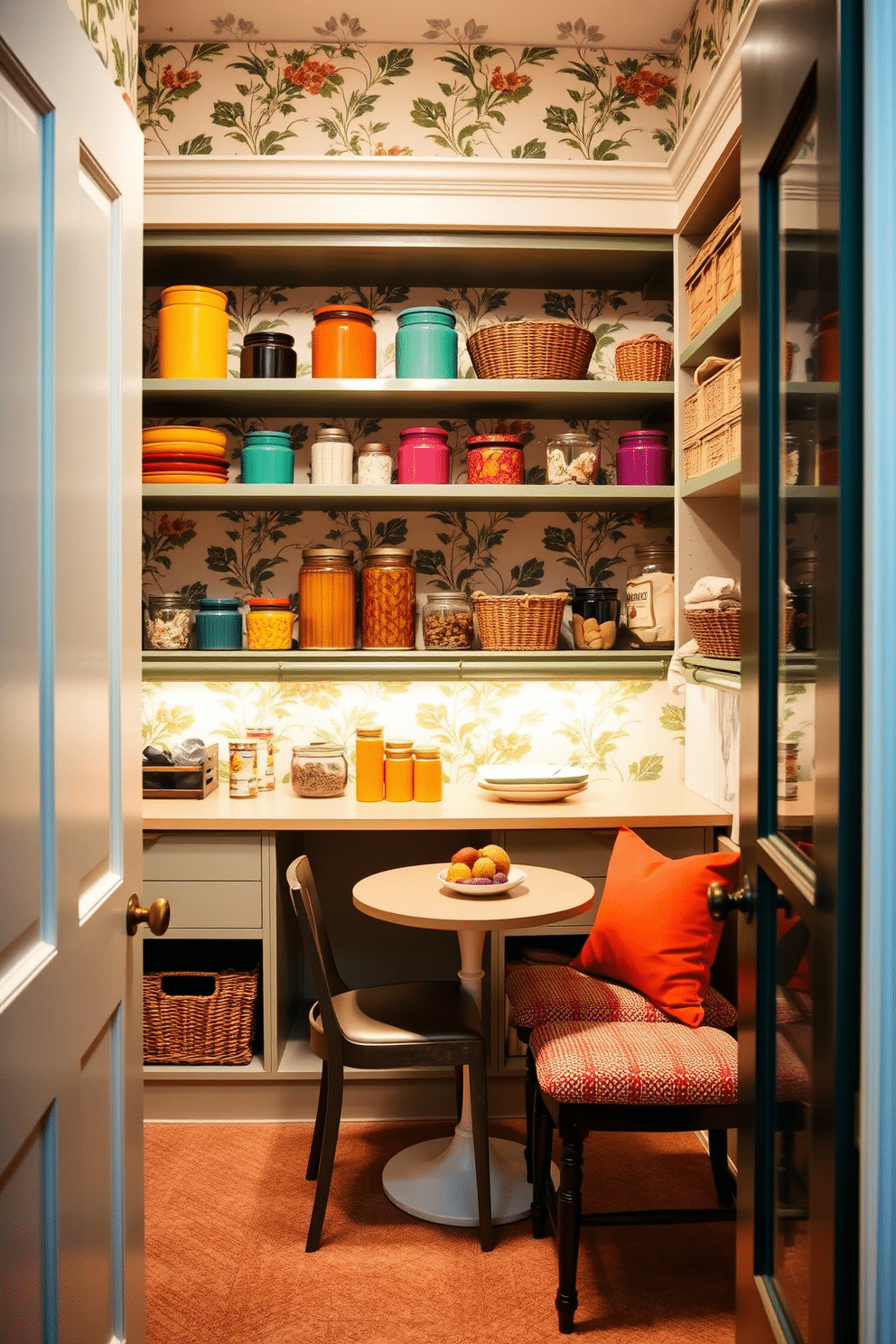 A vibrant pantry adorned with decorative wallpaper featuring a botanical print adds a touch of personality and charm. The shelves are neatly organized, showcasing colorful jars and baskets that enhance the lively atmosphere. The pantry includes a cozy nook with a small table and chairs, perfect for enjoying a quick snack. Soft, ambient lighting illuminates the space, highlighting the intricate patterns of the wallpaper and creating a warm, inviting feel.