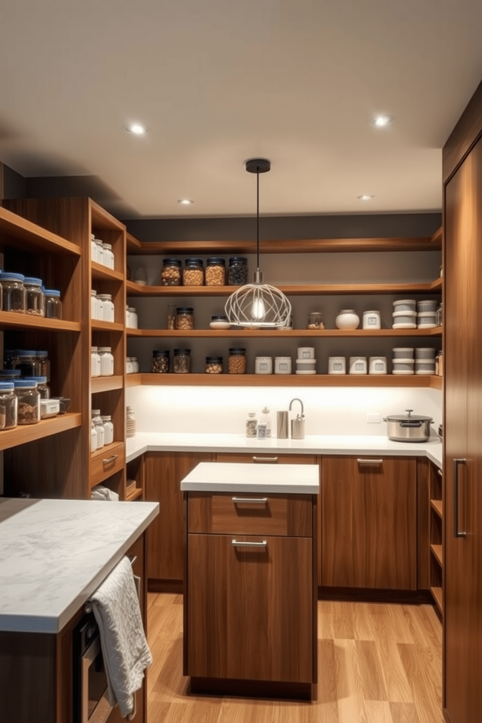 A sleek pantry design featuring recessed lighting that creates a modern ambiance. The shelves are lined with organized jars and containers, and a small island in the center offers additional workspace. The walls are painted in a soft gray, complementing the warm wood tones of the cabinetry. A stylish pendant light hangs above the island, adding a touch of elegance to the functional space.