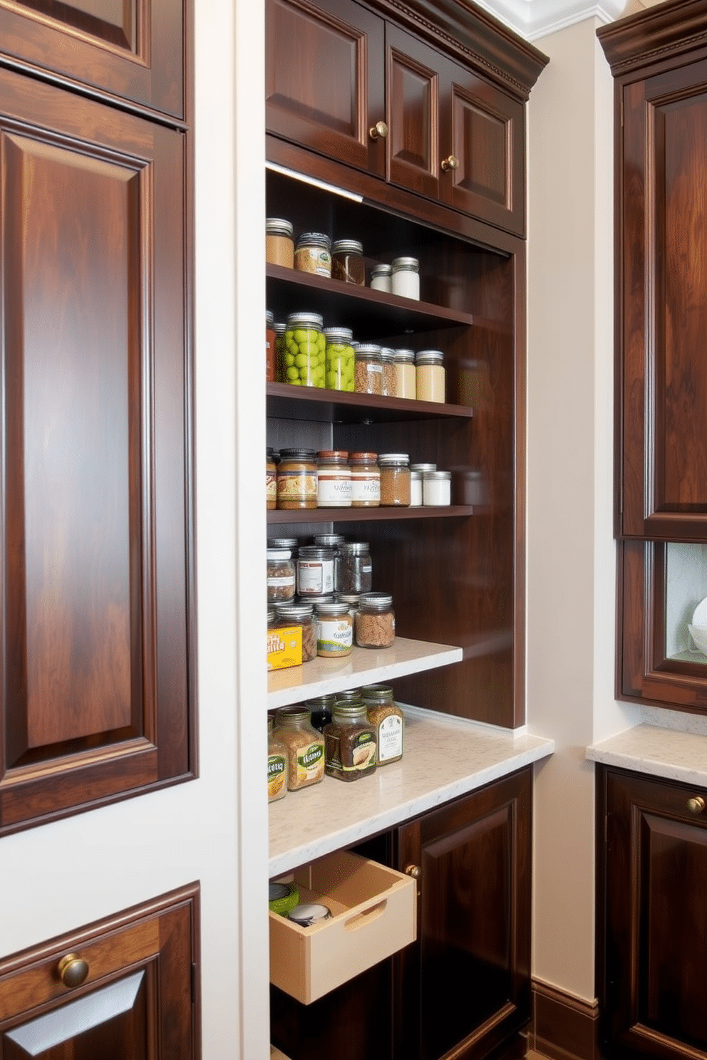 Custom cabinetry for a tailored look. The cabinetry features rich, dark wood with intricate detailing, seamlessly blending with the surrounding walls for a cohesive aesthetic. Pantry design ideas that maximize space and functionality. Open shelving displays neatly organized jars and containers, while a hidden pull-out section offers additional storage for bulk items.