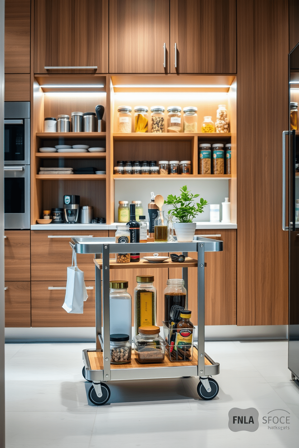 A stylish rolling cart is placed in a modern kitchen, featuring a sleek design with wooden shelves and metal accents. It's loaded with neatly organized kitchen essentials, including spices, utensils, and a small potted herb plant for a touch of greenery. The pantry is designed with open shelving and glass jars to display colorful dry goods, creating an inviting atmosphere. Soft lighting illuminates the space, highlighting the wooden cabinetry and a small countertop area for meal prep, making it both functional and aesthetically pleasing.