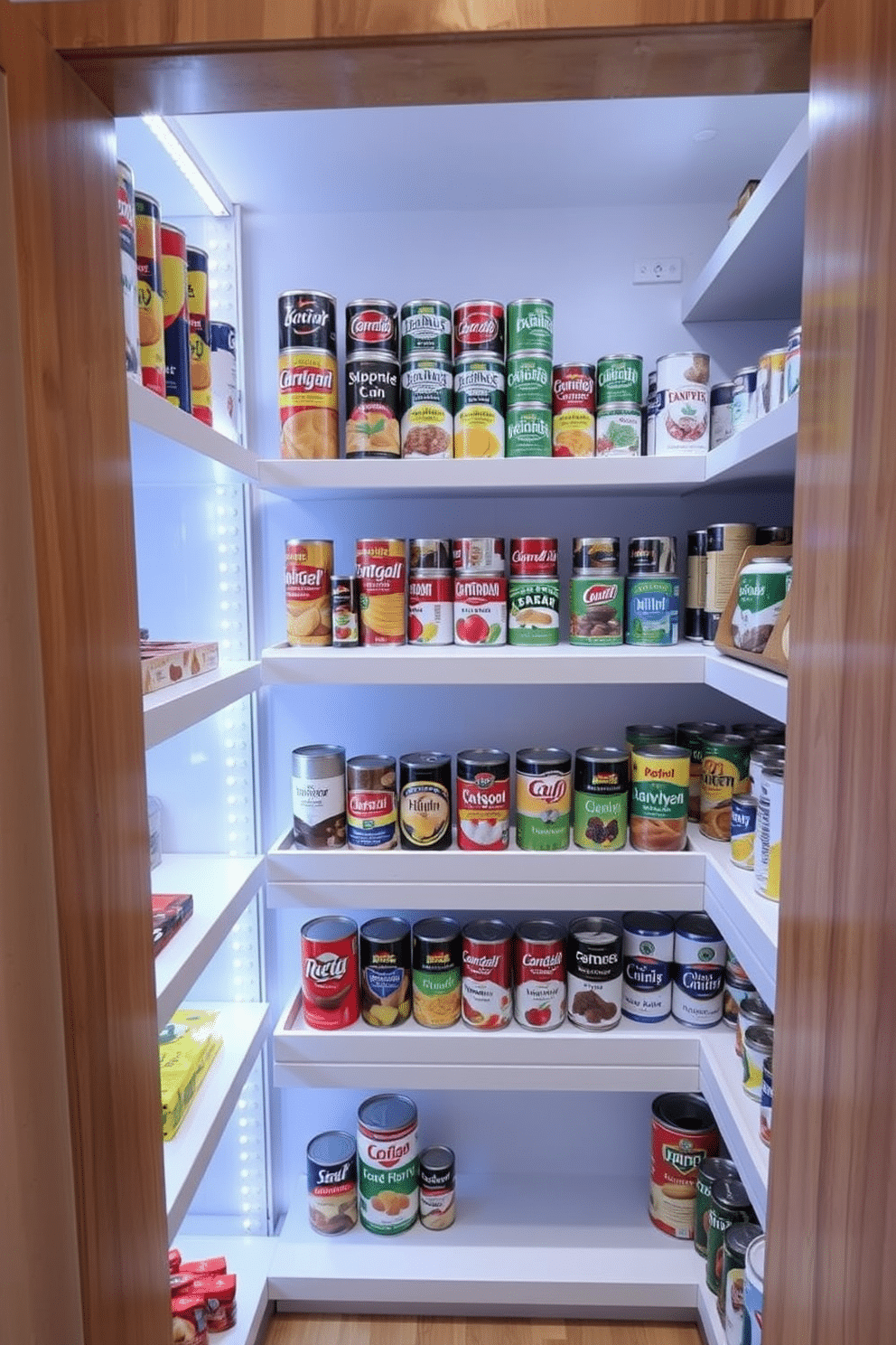 A modern pantry featuring tiered organizers for canned goods, maximizing space and accessibility. The shelves are crafted from natural wood, with a sleek white finish, creating a bright and inviting atmosphere. The tiered organizers are filled with an array of colorful canned goods, neatly arranged for easy visibility. Soft LED lighting illuminates the pantry, highlighting the organized layout and enhancing the overall aesthetic.