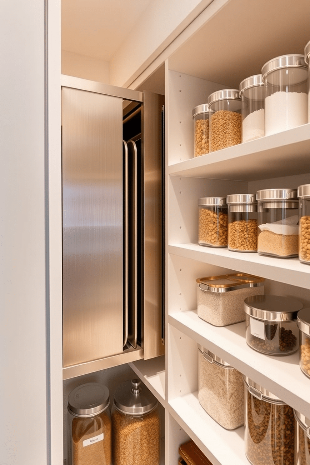 A sleek pantry design featuring vertical dividers specifically for organizing baking sheets. The dividers are crafted from brushed stainless steel, allowing for easy access and a modern aesthetic. The pantry shelves are lined with clear containers for dry goods, creating a tidy and visually appealing display. Soft, ambient lighting highlights the organized space, making it both functional and inviting.