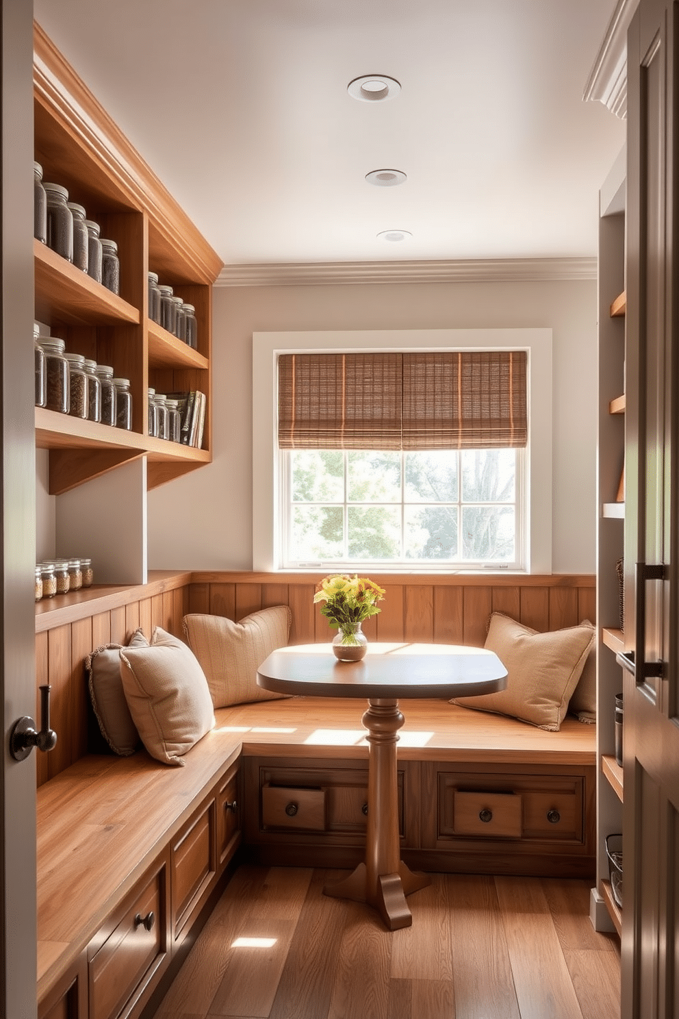 A functional seating area in a pantry features built-in wooden benches with plush cushions, providing a cozy spot for casual meals or coffee breaks. The walls are lined with open shelving, displaying neatly organized jars and cookbooks, while a large window allows natural light to flood the space, enhancing the warm, inviting atmosphere.