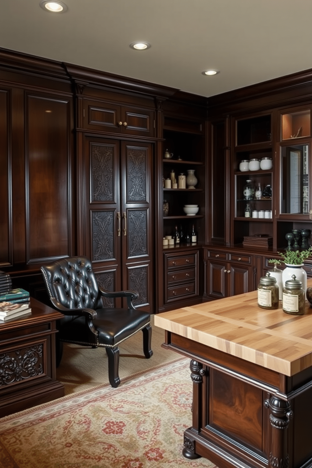 A luxurious study with hidden compartments for valuables. The room features dark wood paneling, a large mahogany desk with intricate carvings, and a plush leather chair, while a built-in bookshelf conceals a secret safe behind a sliding panel. An elegant pantry designed for both functionality and aesthetics. The space includes custom cabinetry with glass doors, open shelving for easy access, and a central island topped with a butcher block, accented by decorative jars and fresh herbs.