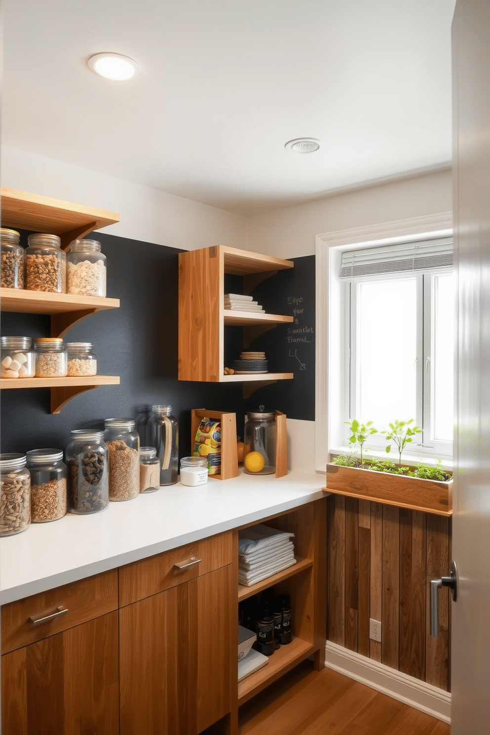 A modern pantry featuring sustainable materials such as bamboo shelving and reclaimed wood cabinetry. The space is well-organized, with glass jars for bulk items and a small herb garden on the windowsill, emphasizing eco-friendly living. A minimalist pantry design that incorporates energy-efficient LED lighting and recycled materials. The layout includes open shelving for easy access and a chalkboard wall for grocery lists and meal planning, promoting a sustainable lifestyle.