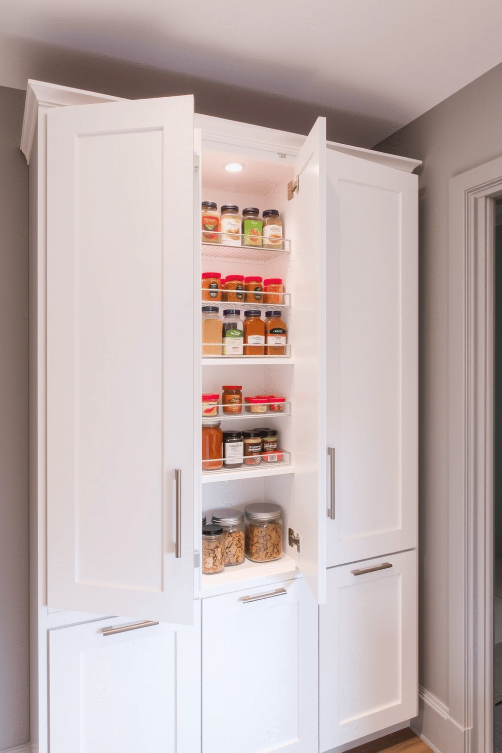 A modern pantry featuring built-in spice racks on the inside of the cabinet doors, maximizing space and accessibility. The cabinetry is finished in a sleek white with brushed nickel hardware, while the walls are adorned with a soft gray hue that complements the overall design.