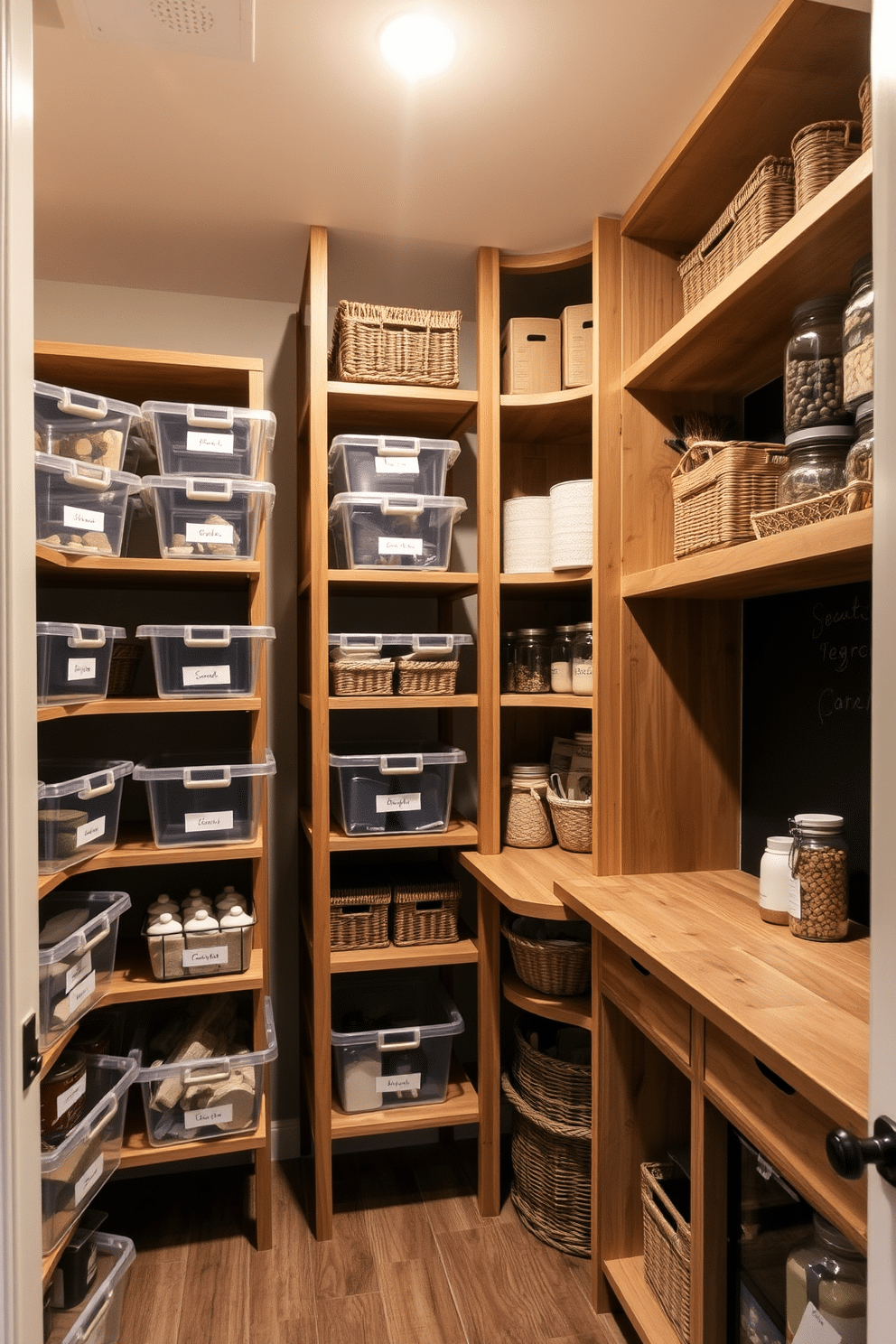 A well-organized seasonal storage area features sturdy shelving units made of natural wood, neatly arranged with clear plastic bins labeled for easy identification. Soft, ambient lighting illuminates the space, creating a warm and inviting atmosphere for infrequently used items. The pantry design showcases open shelving with a mix of rustic and modern elements, including a chalkboard wall for jotting down grocery lists. Baskets and glass jars filled with dry goods add texture and charm, while a small countertop area allows for meal prep and organization.