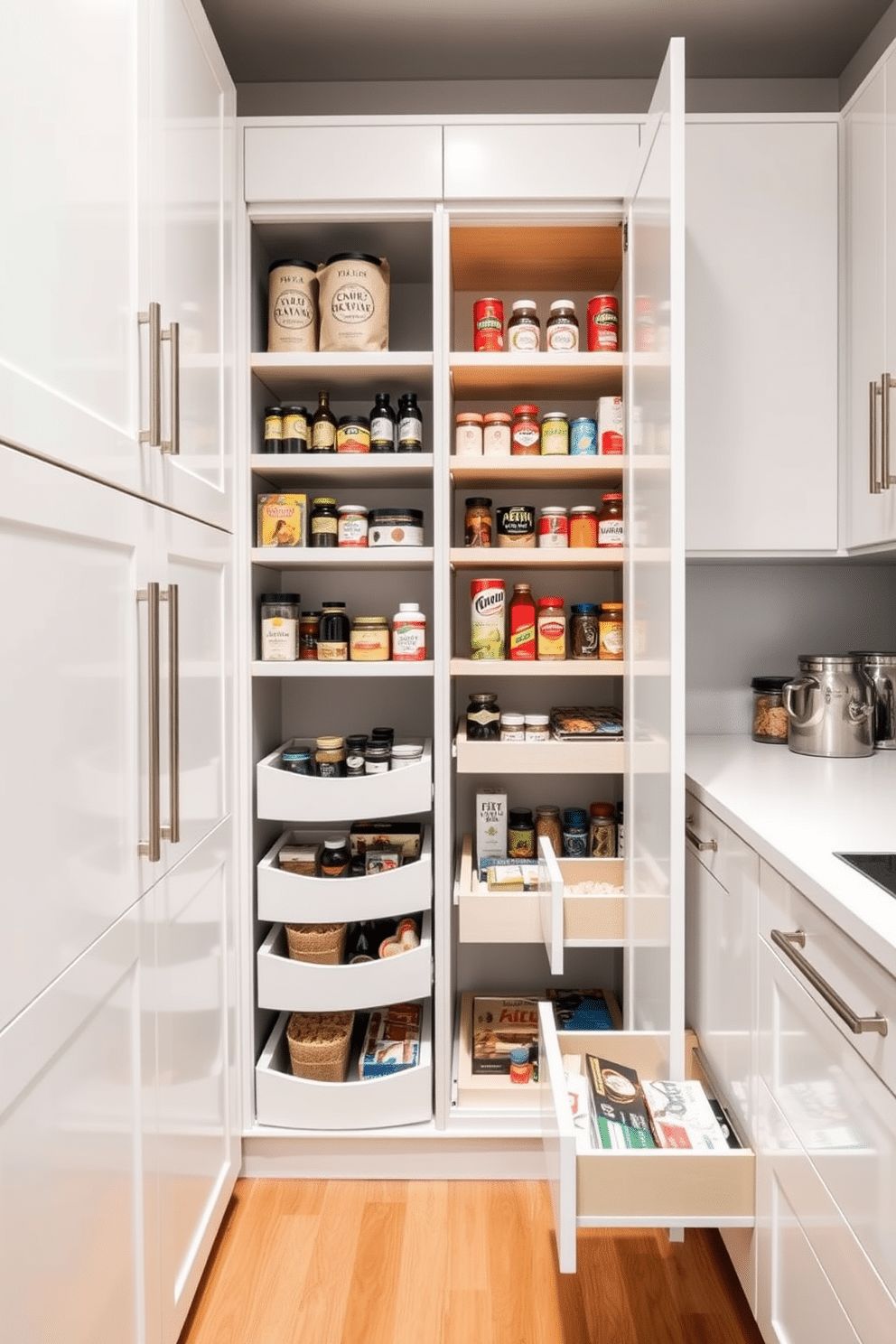 A modern pantry featuring pull-out drawers designed for hidden storage. The cabinetry is finished in a sleek white with brushed nickel handles, and the walls are painted a soft gray to enhance the spacious feel. Inside the pantry, organized pull-out drawers reveal neatly arranged spices, canned goods, and dry ingredients. The flooring is a warm wood tone, adding a touch of warmth to the contemporary space.