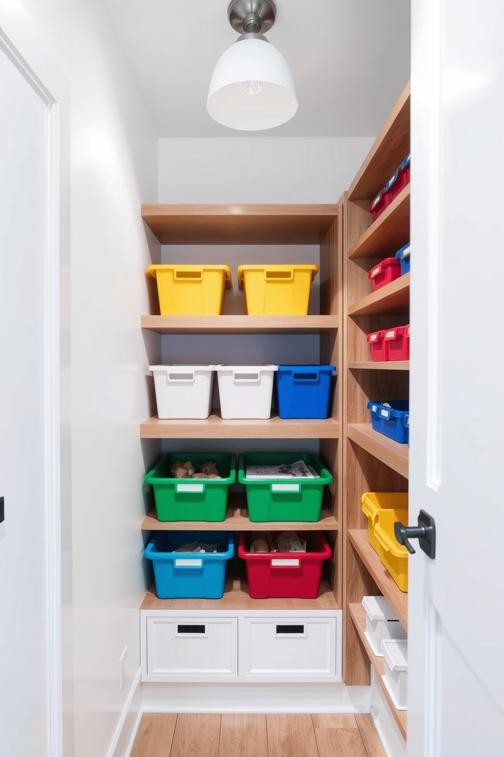 A modern pantry featuring color-coded bins for organized storage, neatly arranged on wooden shelves. The walls are painted in a soft white, and a stylish light fixture illuminates the space, enhancing the vibrant colors of the bins.