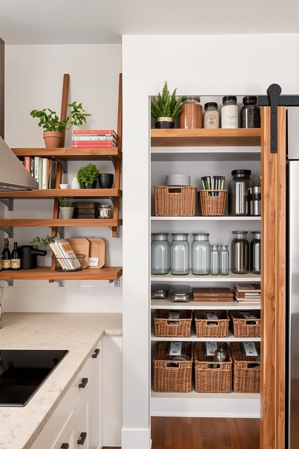 A modern kitchen featuring ladder shelves that maximize vertical space. The shelves are made of reclaimed wood and are adorned with potted herbs, cookbooks, and decorative jars. A stylish pantry design with open shelving and a sliding barn door. The interior is organized with labeled baskets and glass containers, showcasing a blend of functionality and aesthetics.