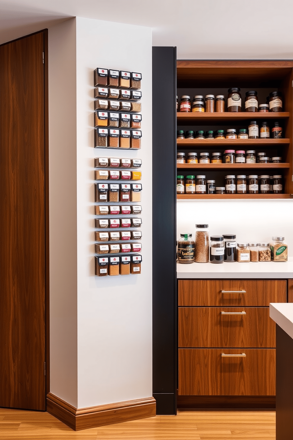 Magnetic spice containers are neatly arranged on a sleek, minimalist wall, showcasing an organized and accessible spice collection. The containers, with clear glass fronts and vibrant labels, add a pop of color against the backdrop of a warm, wooden kitchen. The pantry features custom shelving that maximizes vertical space, with pull-out drawers for easy access to ingredients. Soft, ambient lighting highlights the beautifully organized jars and containers, creating an inviting atmosphere for culinary creativity.