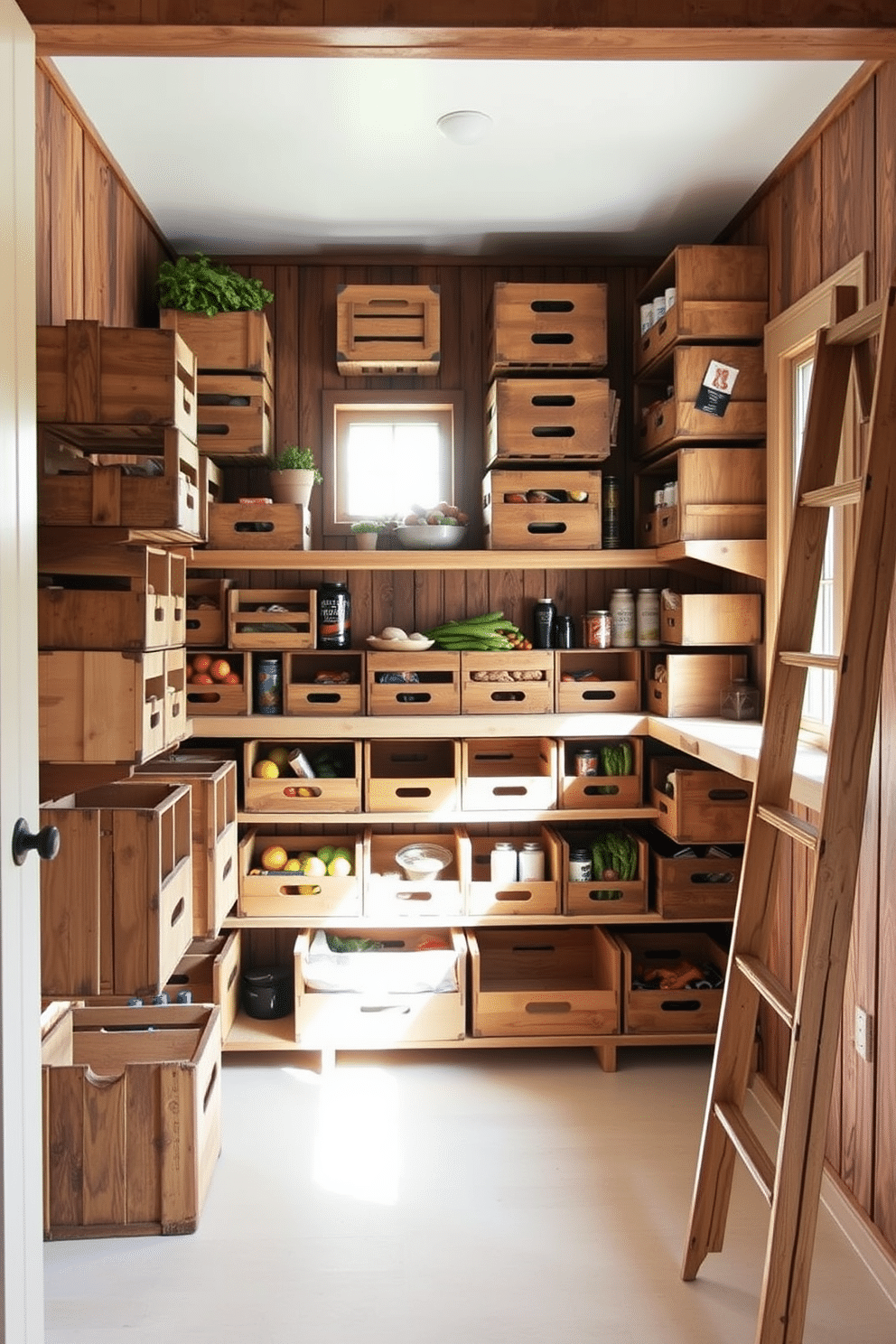 A cozy pantry design featuring wooden crates stacked neatly on rustic shelves. The crates are filled with fresh produce and pantry staples, creating an inviting and organized space. Natural light streams in through a small window, illuminating the warm wood tones and enhancing the rustic charm. A vintage ladder leans against the wall, adding character and providing access to higher shelves.