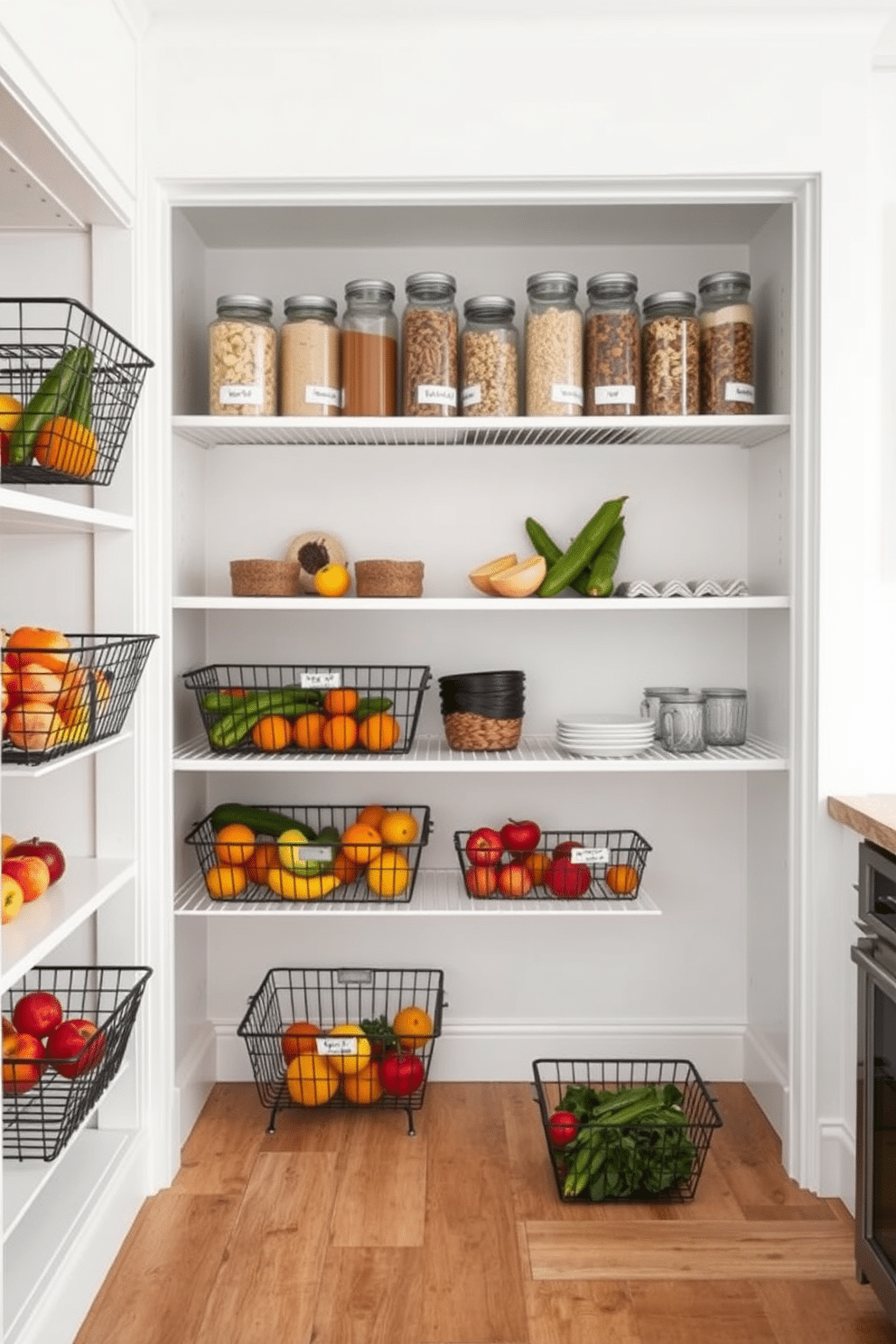 A modern pantry featuring wire baskets for breathability and organization. The walls are painted a soft white, and the floor is adorned with rustic wooden planks, creating a warm and inviting atmosphere. The wire baskets are neatly arranged on open shelves, showcasing a variety of fruits and vegetables for easy access. Above the baskets, a row of labeled glass jars adds a touch of elegance while keeping dry goods visible and fresh.