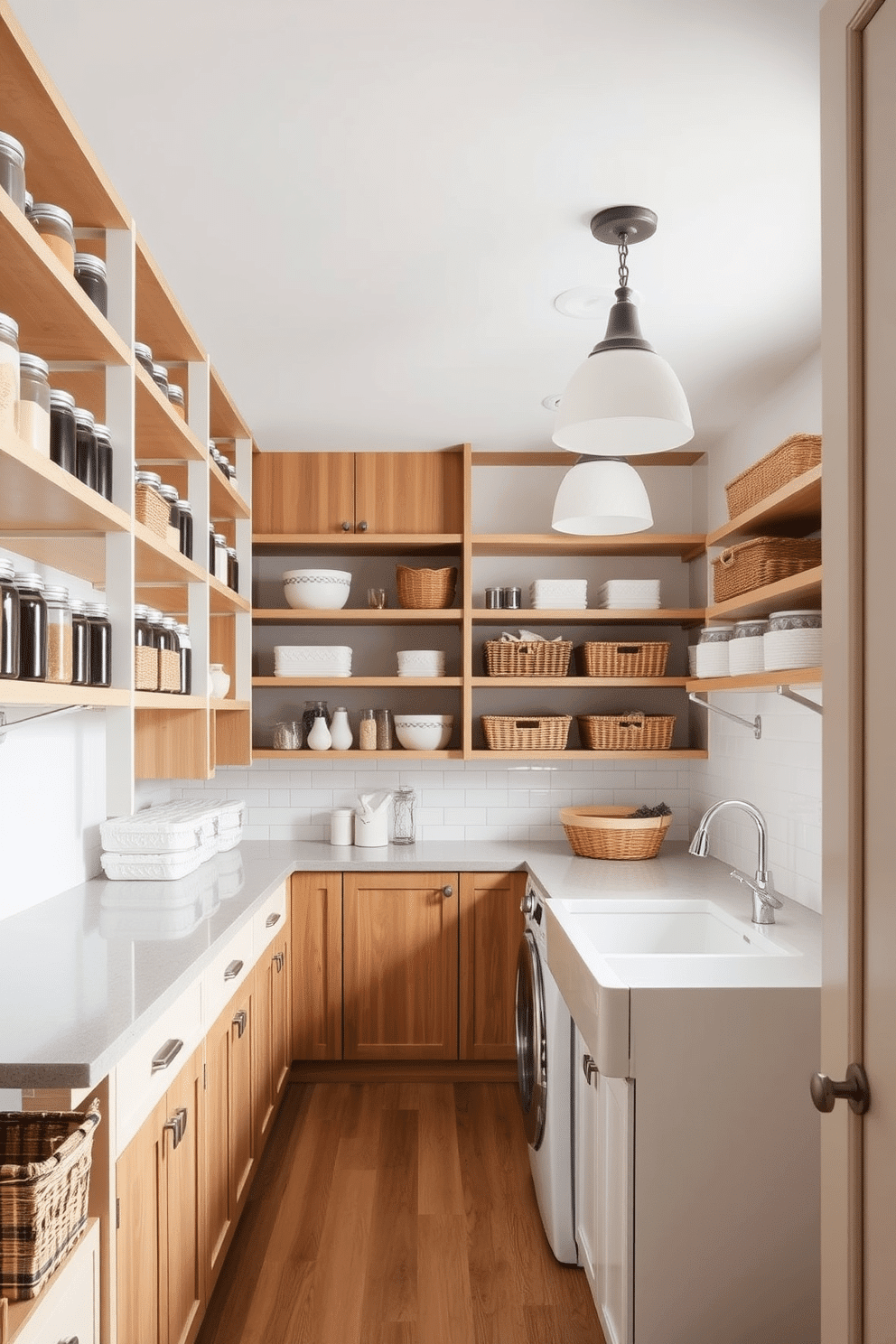 Open shelving lines the walls of a spacious pantry laundry room, showcasing neatly organized jars and baskets for easy access to everyday essentials. The room features a combination of natural wood and white cabinetry, with a large farmhouse sink and stylish pendant lighting above for a warm, inviting atmosphere.