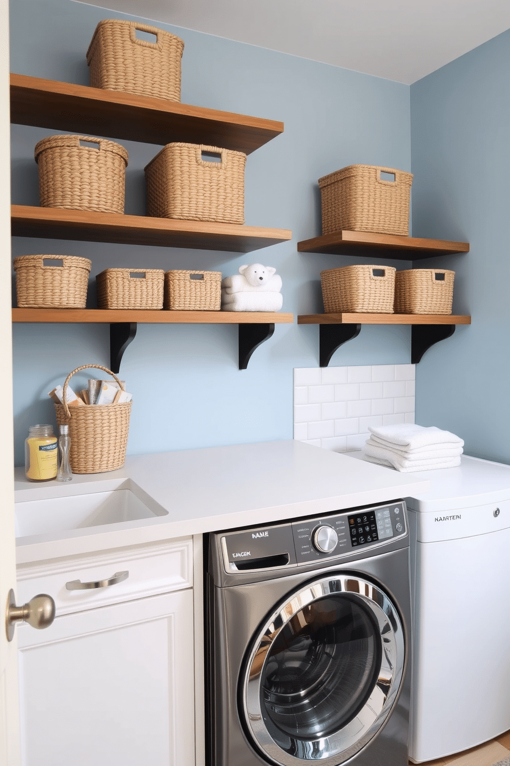 A stylish laundry room features a combination of functional and decorative elements. Decorative baskets, woven in natural fibers, are neatly arranged on open shelves, providing ample storage for laundry supplies while adding warmth to the space. The walls are painted in a soft, calming blue, creating a serene atmosphere. A sleek countertop extends above the washer and dryer, offering a convenient space for folding clothes, complemented by a chic backsplash of white subway tiles.