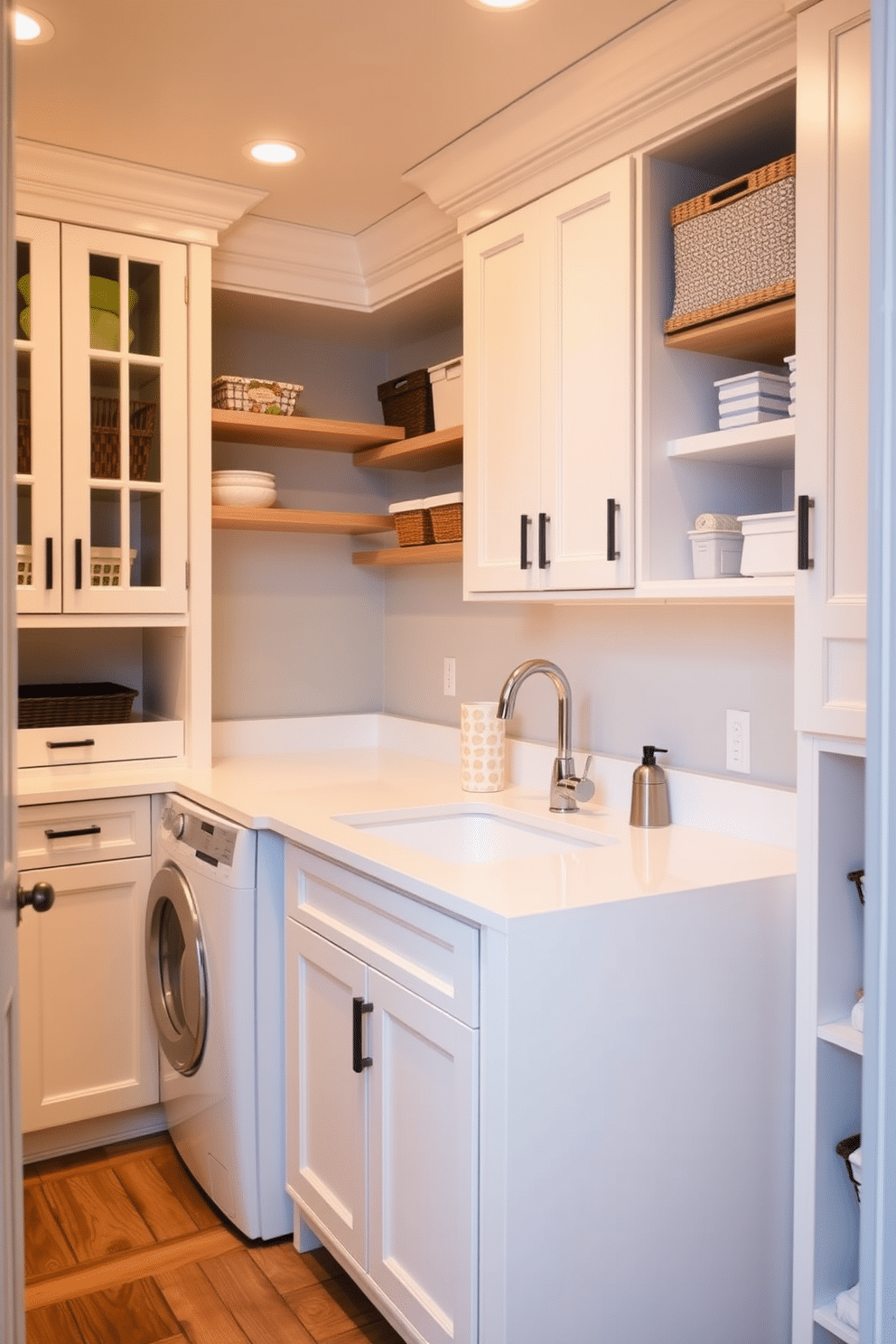 A functional pantry laundry room that maximizes efficiency and style. The design features a sleek, integrated sink for quick clean-ups, surrounded by custom cabinetry in a soft white finish. The room is illuminated by warm, recessed lighting, creating a welcoming atmosphere. A combination of open shelving and closed cabinets provides ample storage for laundry essentials and pantry items.