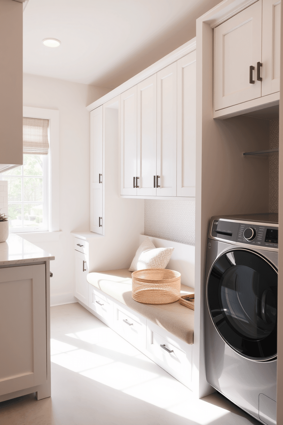 A stylish pantry laundry room features a built-in bench that serves both seating and storage, enhancing functionality and comfort. The space is adorned with sleek cabinetry in a soft white finish, complemented by a textured backsplash and ample natural light streaming through a window.