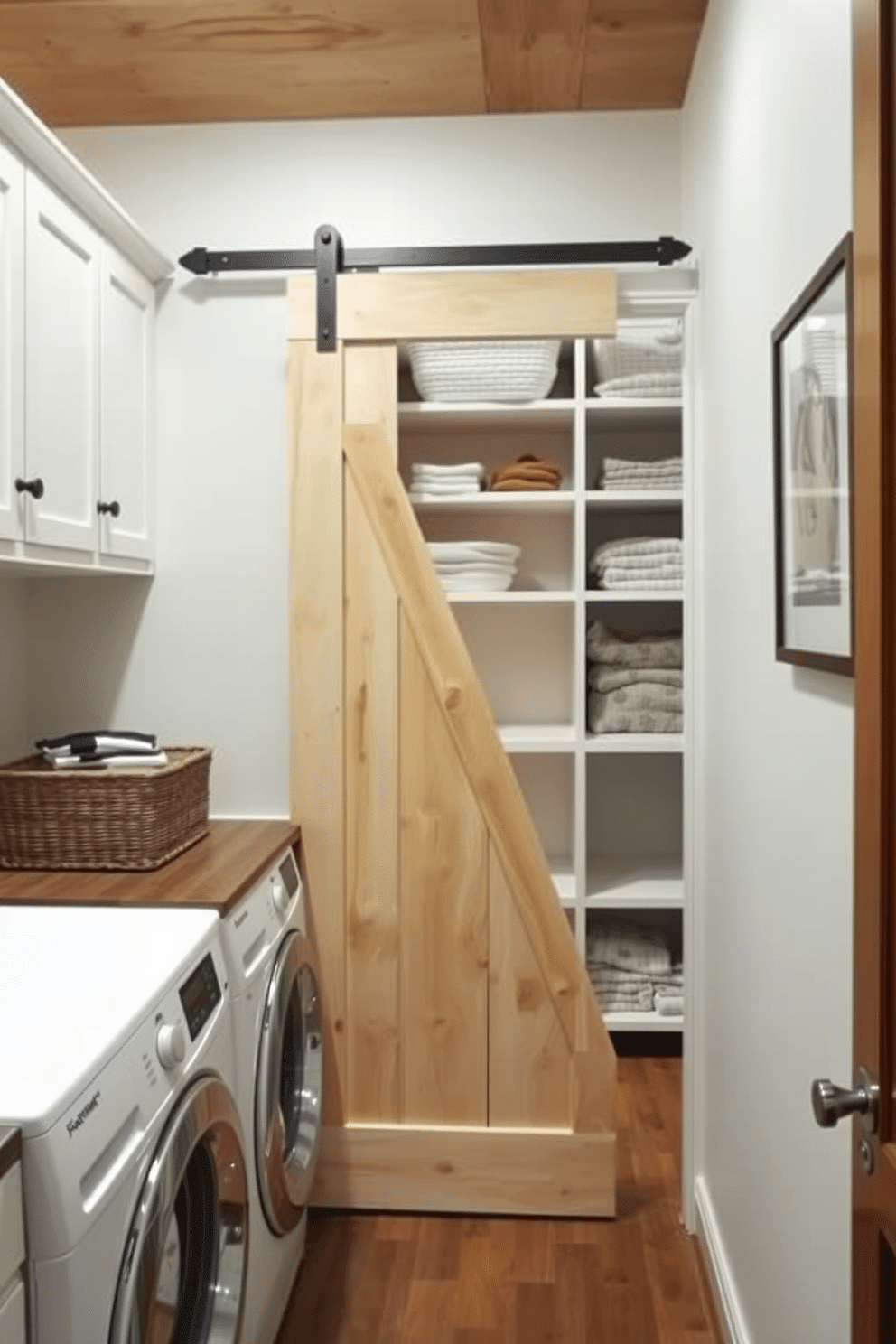 A stylish pantry laundry room features a sliding barn door that adds a rustic charm while maximizing space. The room is equipped with built-in shelving for storage, and a countertop for folding laundry, all accented by warm wooden tones and soft lighting.