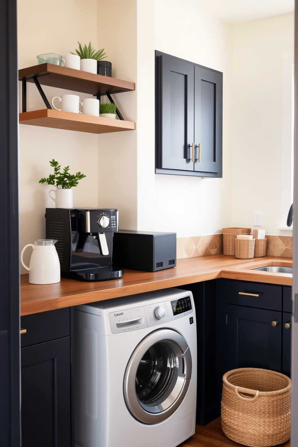 A cozy mini coffee station nestled in the pantry features a sleek espresso machine on a wooden countertop, complemented by a set of stylish mugs displayed on a floating shelf above. The walls are painted in a soft cream color, while a small potted plant adds a touch of greenery to the space, enhancing the inviting atmosphere. Adjacent to the coffee station, the laundry area is designed with practicality in mind, showcasing a stacked washer and dryer beneath a countertop for folding clothes. The cabinetry is a rich navy blue, providing ample storage, and a woven basket sits on the floor, offering a chic solution for organizing laundry essentials.