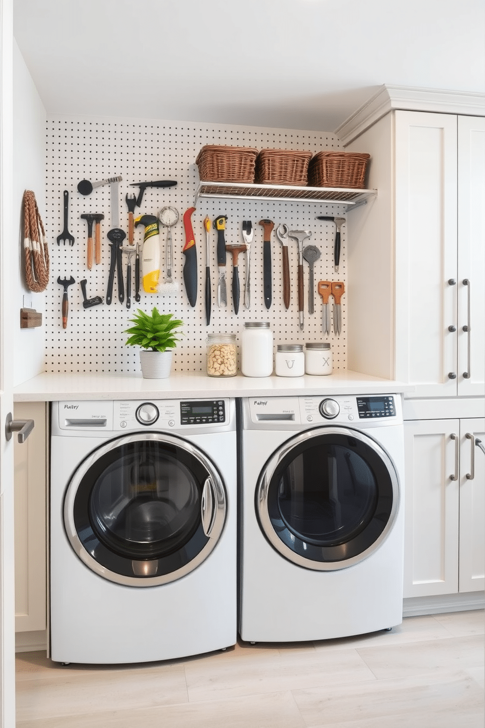 A stylish pantry laundry room featuring a pegboard wall for efficient tool organization. The pegboard is adorned with neatly arranged hooks and baskets, providing easy access to essential items while maintaining a clean aesthetic. The room includes a modern washer and dryer set, seamlessly integrated into custom cabinetry painted in a soft, neutral tone. A countertop above the machines offers additional workspace, complemented by decorative storage jars and a potted plant for a touch of greenery.