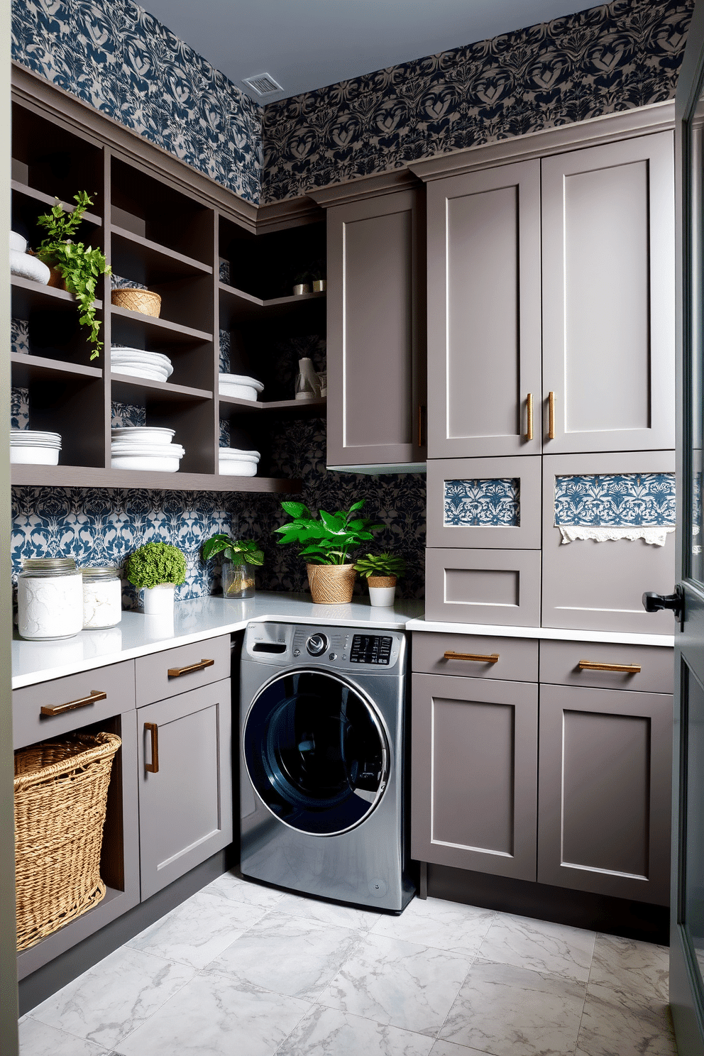 A stylish pantry laundry room featuring patterned wallpaper that adds a touch of personality to the space. The cabinetry is sleek and modern, with a mix of open shelving and closed storage for a functional yet aesthetic appeal. Incorporate a countertop for folding laundry, adorned with decorative jars and plants for a fresh look. The flooring is a durable tile that complements the wallpaper, creating a cohesive and inviting atmosphere.