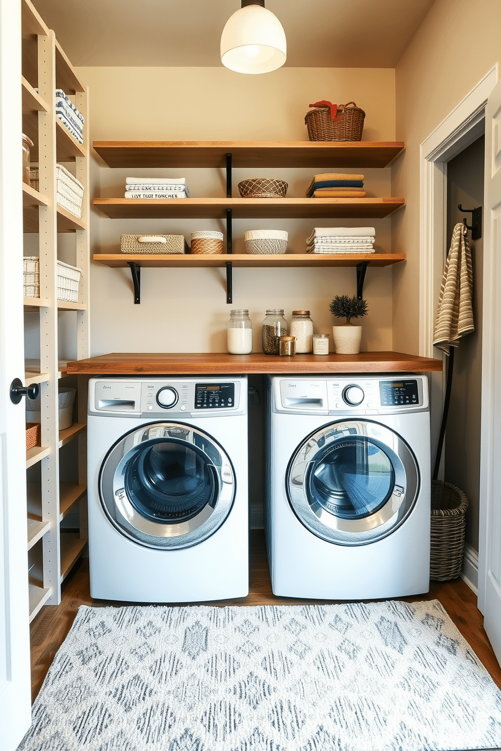 A cozy pantry laundry room design featuring a spacious layout with ample shelving for storage. The walls are painted in a soft cream color, complemented by a rustic wooden countertop that houses a stacked washer and dryer. A plush area rug in a muted geometric pattern adds comfort and style underfoot. Decorative jars filled with laundry essentials and a small potted plant sit atop the countertop, enhancing the inviting atmosphere.