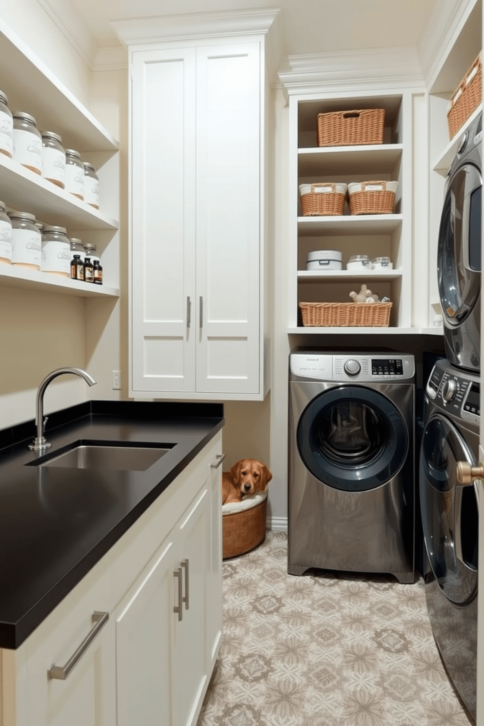 A stylish pantry laundry room that seamlessly integrates functionality and aesthetics. The space features a sleek countertop for folding laundry, with open shelving above displaying neatly organized jars and baskets. In one corner, a cozy pet area is created with a plush dog bed and a small feeding station, complete with personalized bowls. The walls are painted in a soft cream color, and the floor is adorned with durable, patterned tile that adds a touch of charm.