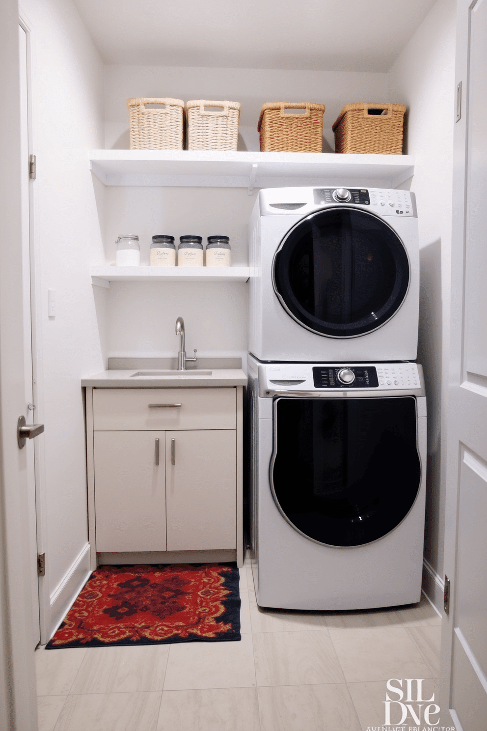 A modern laundry room featuring a stackable washer and dryer to maximize space efficiency. The walls are painted a soft white, and open shelving above the appliances holds neatly organized baskets and jars for storage. The floor is adorned with light gray tiles that complement the sleek design. A small countertop beside the washer and dryer provides space for folding clothes, while a vibrant rug adds a pop of color to the room.