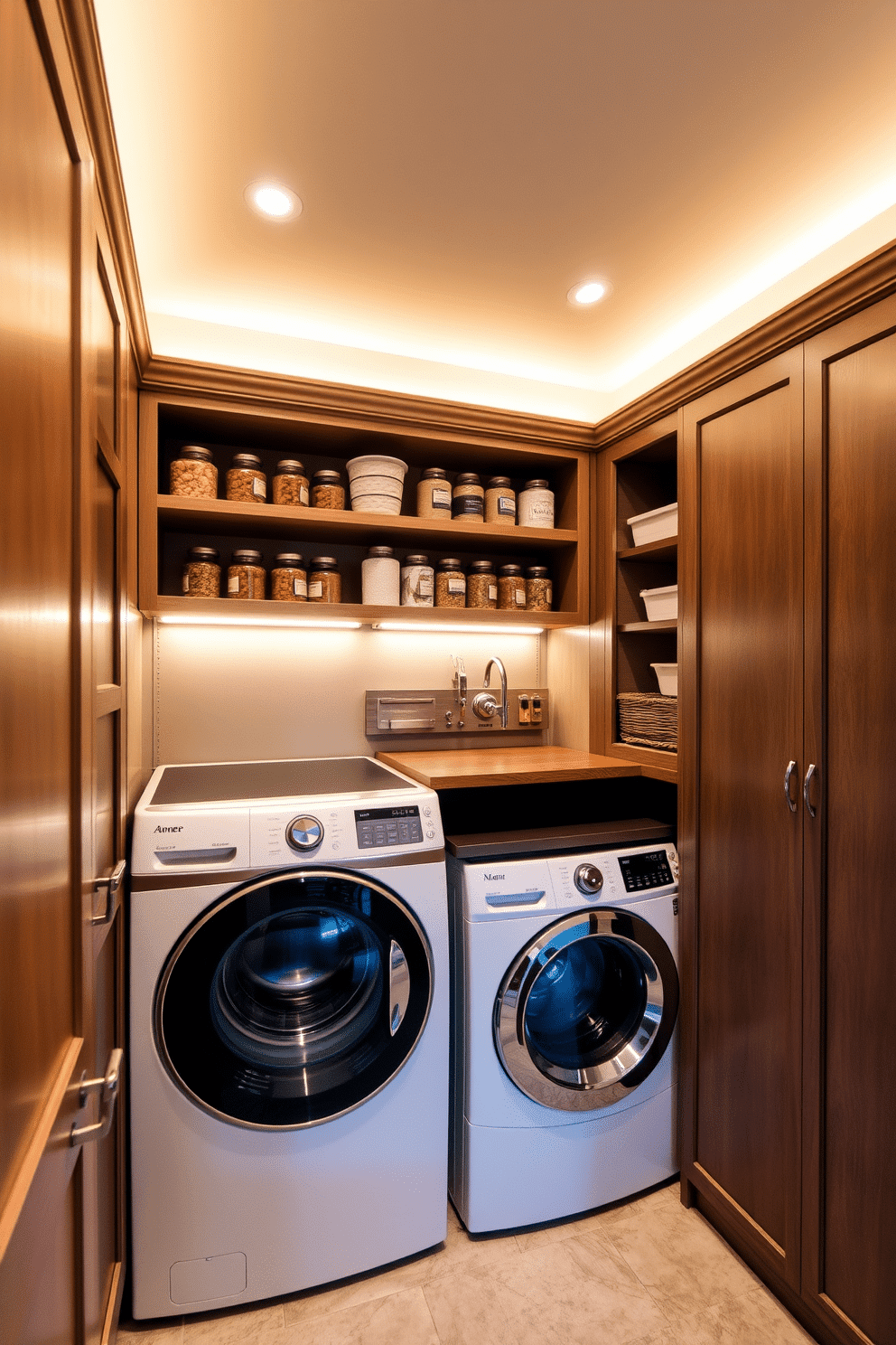 A stylish pantry laundry room featuring under-shelf lighting that casts a warm glow over the space. The room includes built-in cabinetry with a mix of open and closed storage, showcasing neatly organized jars and laundry essentials.