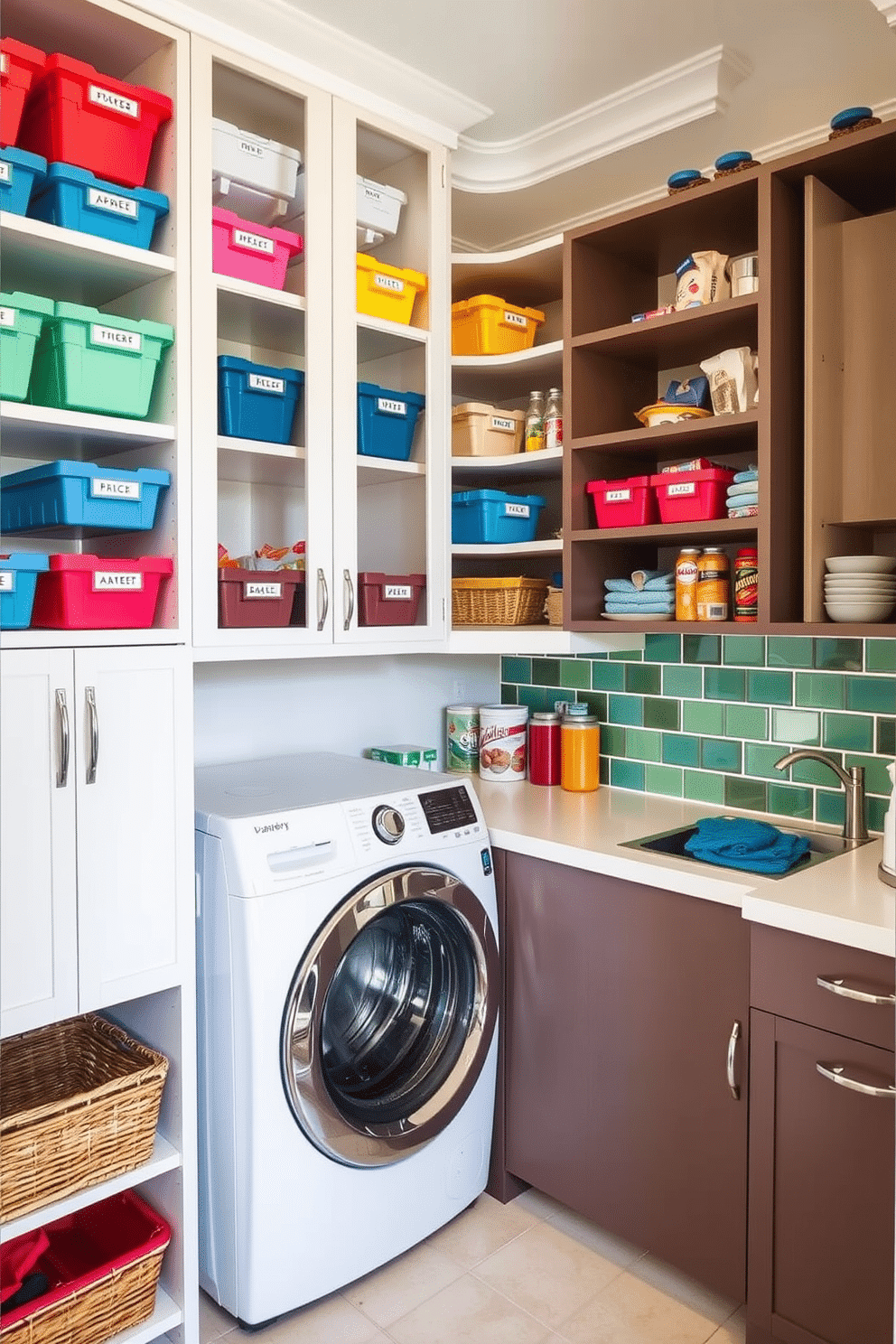 A functional pantry laundry room features a color-coded storage system that maximizes organization and efficiency. Shelves are neatly arranged with labeled bins in various hues, creating a visually appealing and easily accessible space for all laundry and pantry items. The laundry area includes a sleek countertop for folding clothes, complemented by a vibrant backsplash that adds personality. A combination of open shelving and closed cabinetry provides ample storage while maintaining a cohesive color scheme throughout the room.