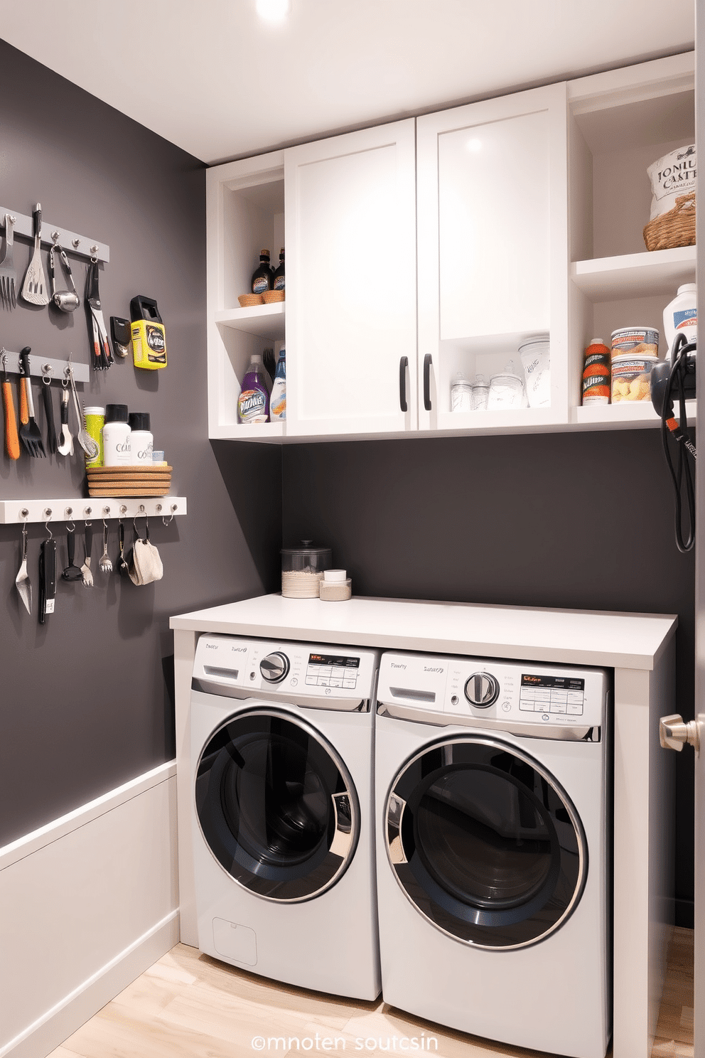 A functional pantry laundry room that maximizes space and organization. Magnetic strips line the walls, providing an efficient solution for hanging small tools and utensils. The design features open shelving for easy access to laundry supplies and pantry items. A sleek countertop offers a convenient folding area, complemented by a stylish, modern washer and dryer set.