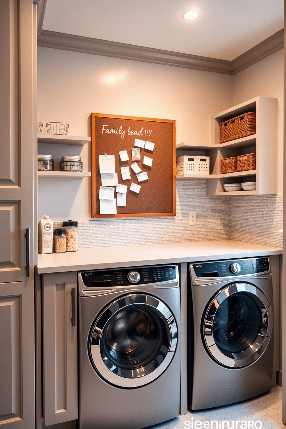 A functional laundry room with a spacious pantry area. The design features a large bulletin board on the wall for family notes, surrounded by open shelving filled with storage baskets and jars. The laundry area includes a sleek washer and dryer set, with a countertop above for folding clothes. Soft, ambient lighting enhances the warm color palette of light gray cabinets and a textured backsplash.