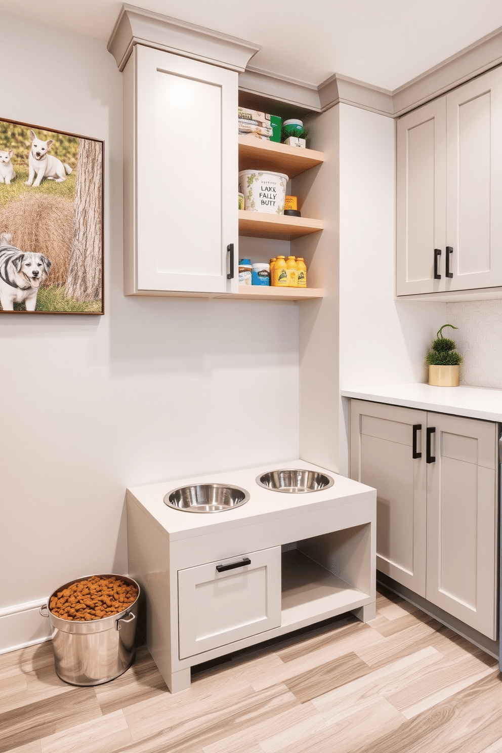 A designated pet food area features a stylish feeding station with two elevated bowls, surrounded by a custom-built cabinet for storing pet food and supplies. The space is adorned with pet-themed wall art, and the flooring is designed for easy cleaning, incorporating durable materials that withstand spills. The pantry laundry room combines functionality and aesthetics with sleek cabinetry that houses both laundry essentials and pantry items. This space includes a folding station with a countertop, a stylish backsplash, and organized shelving to keep everything tidy and accessible.