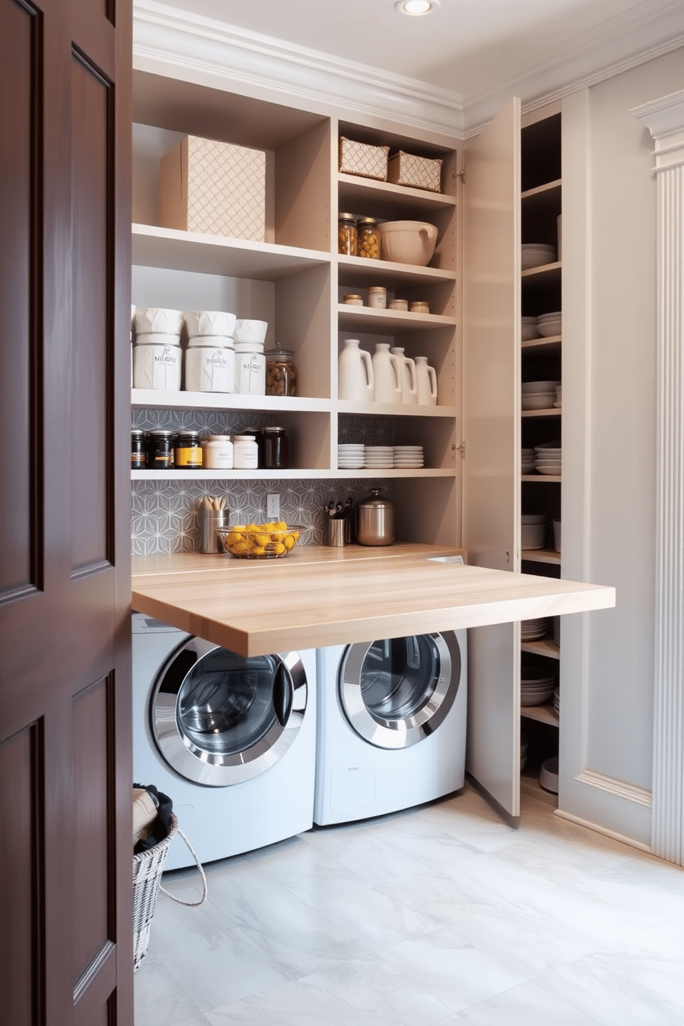 A stylish pantry laundry room features a fold-down table that maximizes space efficiency. The table is crafted from light wood and seamlessly folds against the wall when not in use, providing a clean and organized look. The room is designed with ample shelving for storage, showcasing neatly arranged jars and laundry supplies. Soft, neutral colors adorn the walls, complemented by a patterned backsplash that adds a touch of elegance to the space.