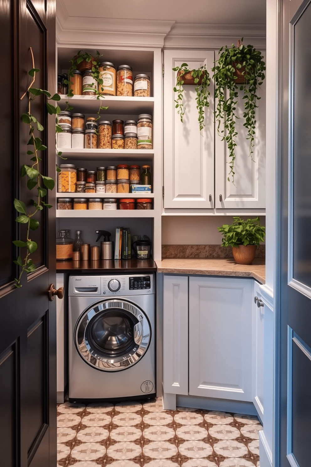 A stylish pantry laundry room that seamlessly combines functionality and aesthetics. The space features built-in shelving filled with neatly organized jars of dry goods and cleaning supplies, while a compact washer and dryer are tucked away behind elegant cabinet doors. Lush greenery is incorporated throughout the room, with hanging plants cascading from the shelves and a potted herb garden on the countertop. The walls are painted in a soft, neutral tone, complemented by a patterned tile floor that adds visual interest to the design.