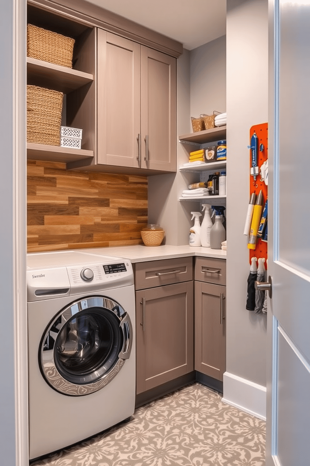 A stylish pantry laundry room that seamlessly combines functionality and aesthetics. The space features a combination of sleek cabinetry and open shelving, with a textured backsplash made of reclaimed wood to add warmth. On one side, a modern washer and dryer are tucked behind cabinet doors, while the opposite wall showcases a vibrant pegboard for organizing cleaning supplies. The floor is covered in a chic, patterned tile that contrasts with the smooth surfaces, enhancing the overall visual interest.