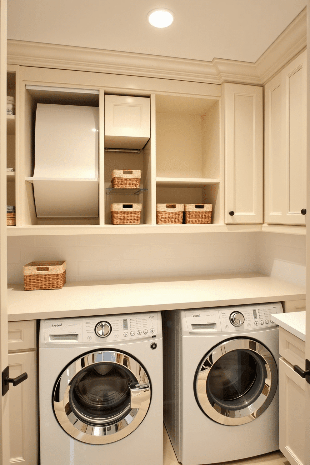 A stylish laundry room featuring a built-in laundry chute for added convenience, seamlessly integrated into the cabinetry. The room is designed with ample storage space, including shelves and cabinets, and is painted in a soft, inviting color palette. The laundry area includes a spacious countertop for folding clothes, adorned with decorative storage baskets for organization. A modern washer and dryer sit side by side, with a chic backsplash that complements the overall aesthetic of the room.