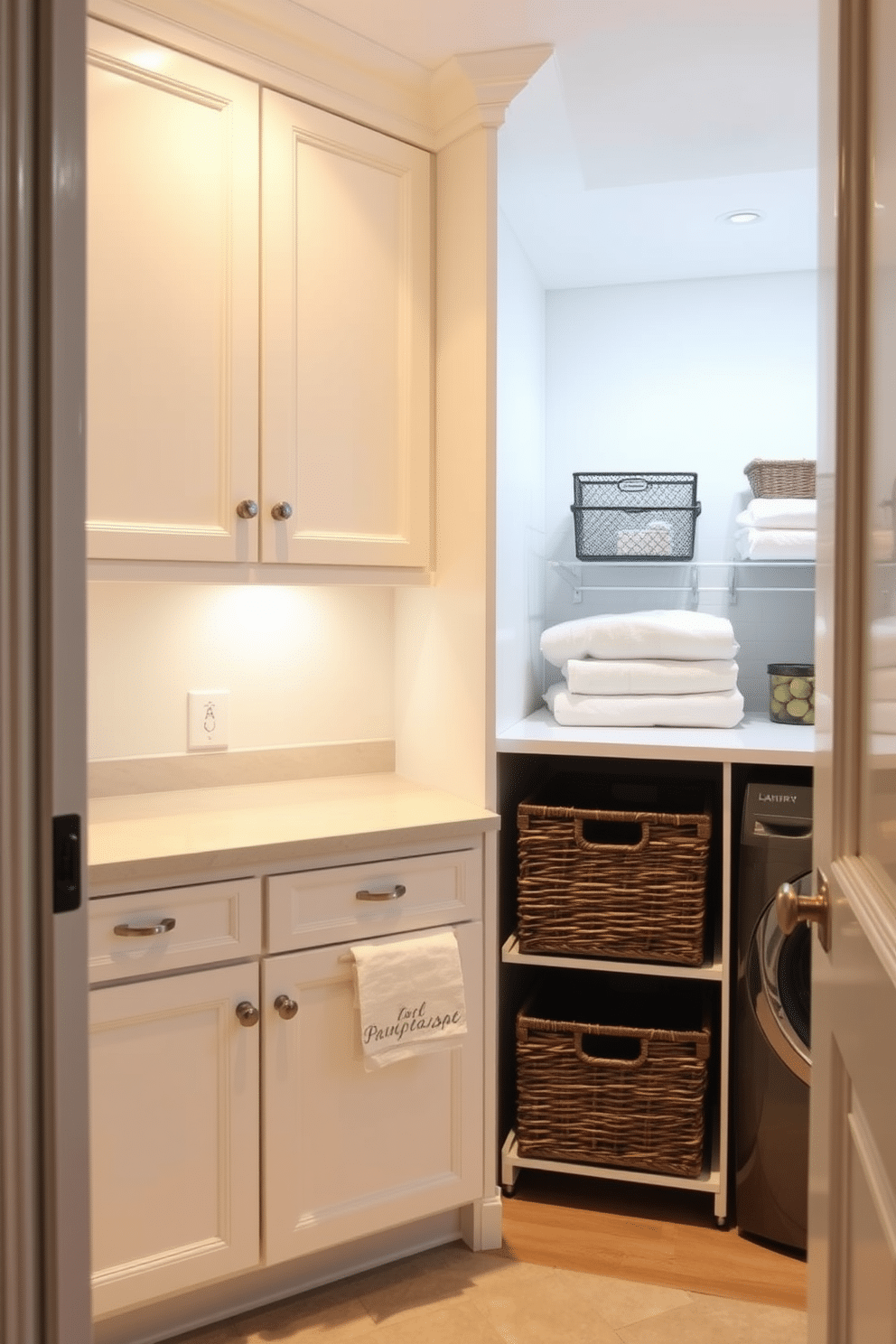 A stylish pantry laundry room features a dedicated folding station equipped with elegant wicker baskets for sorting laundry. The space is accentuated with soft, ambient lighting and a soothing color palette of pale blues and whites, creating a serene atmosphere.