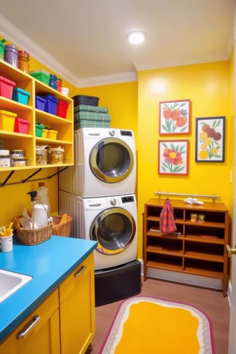 A vibrant pantry laundry room that combines functionality with a cheerful aesthetic. The walls are painted in a bright yellow hue, complemented by open shelving filled with colorful storage bins and jars. A stacked washer and dryer are neatly tucked into a corner, surrounded by playful wall art featuring fruits and flowers. A bright blue countertop provides ample workspace, while a cheerful rug adds warmth underfoot.